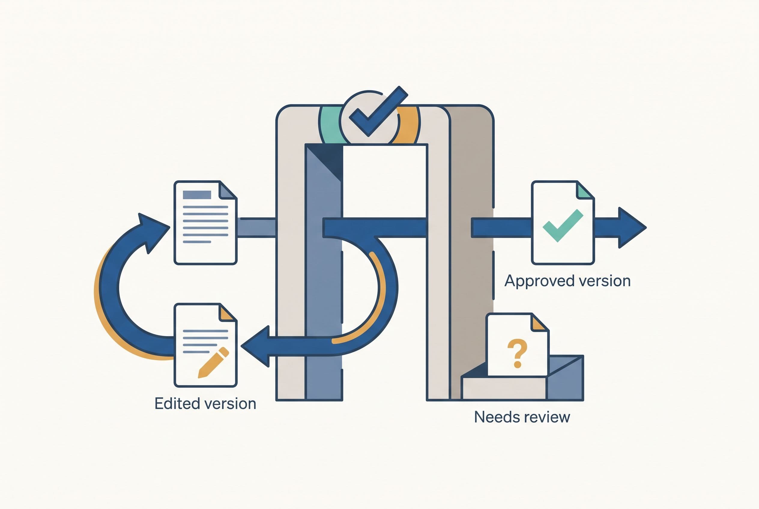 Depict a quote document passing through a single approval gate, with one approved document continuing forward and an edited