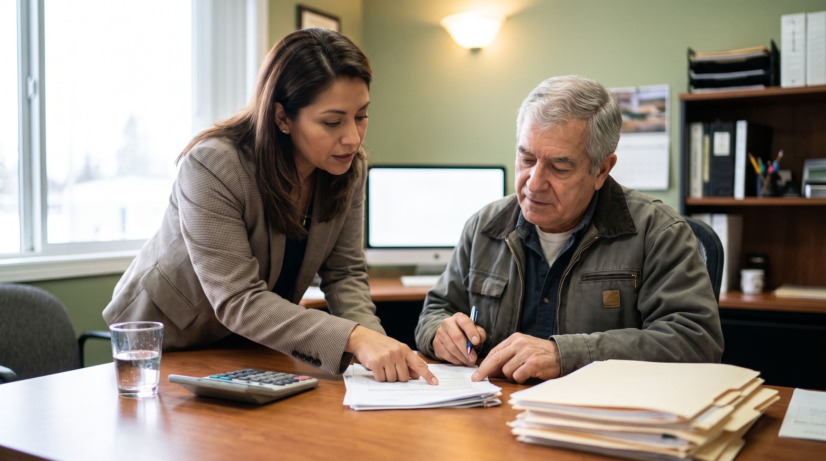 A Latina owner in her forties and an older male estimator review a small stack of papers at a bright commercial service