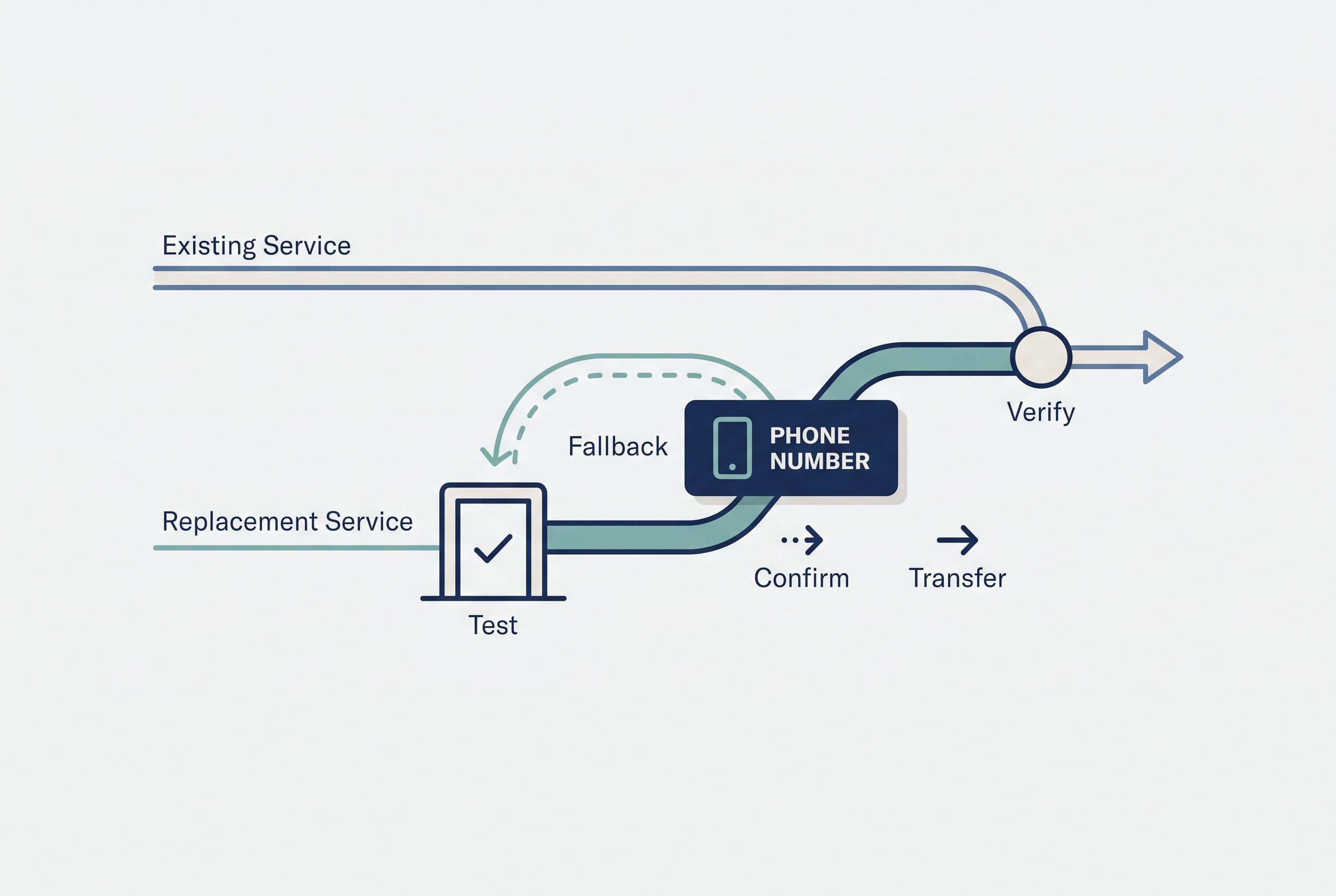 Depict a phone migration as two parallel horizontal paths: an existing phone service that remains connected and a