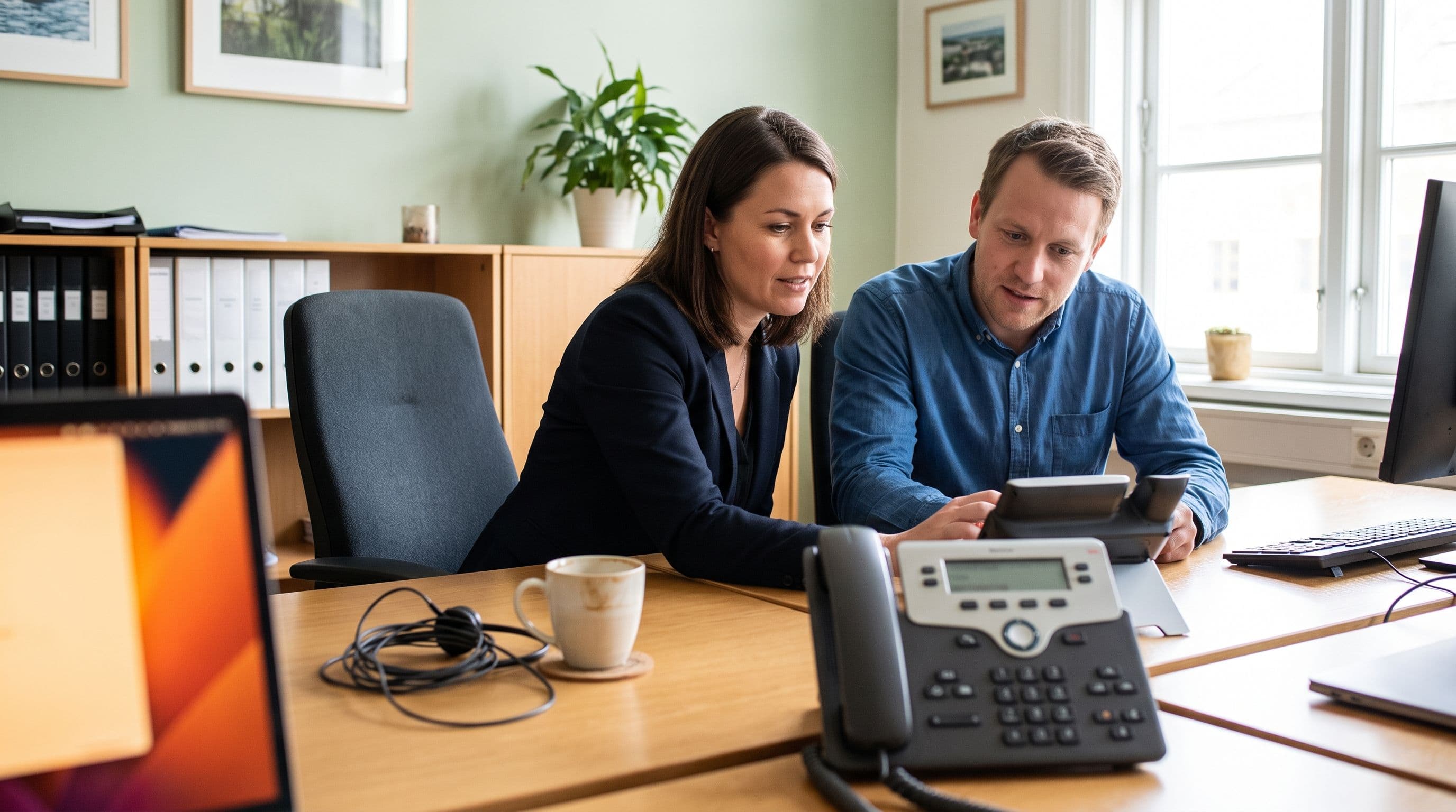 A small sales-business owner in her forties and an operations manager in his thirties review a desk phone and a laptop at a