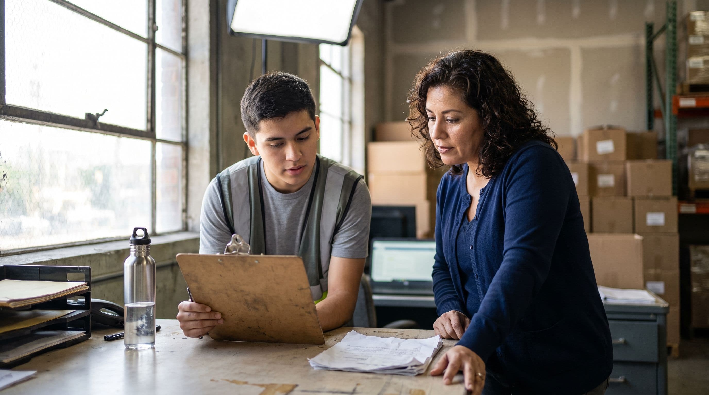 A Latina operations manager in her forties and a younger warehouse coordinator review a small stack of purchase-order