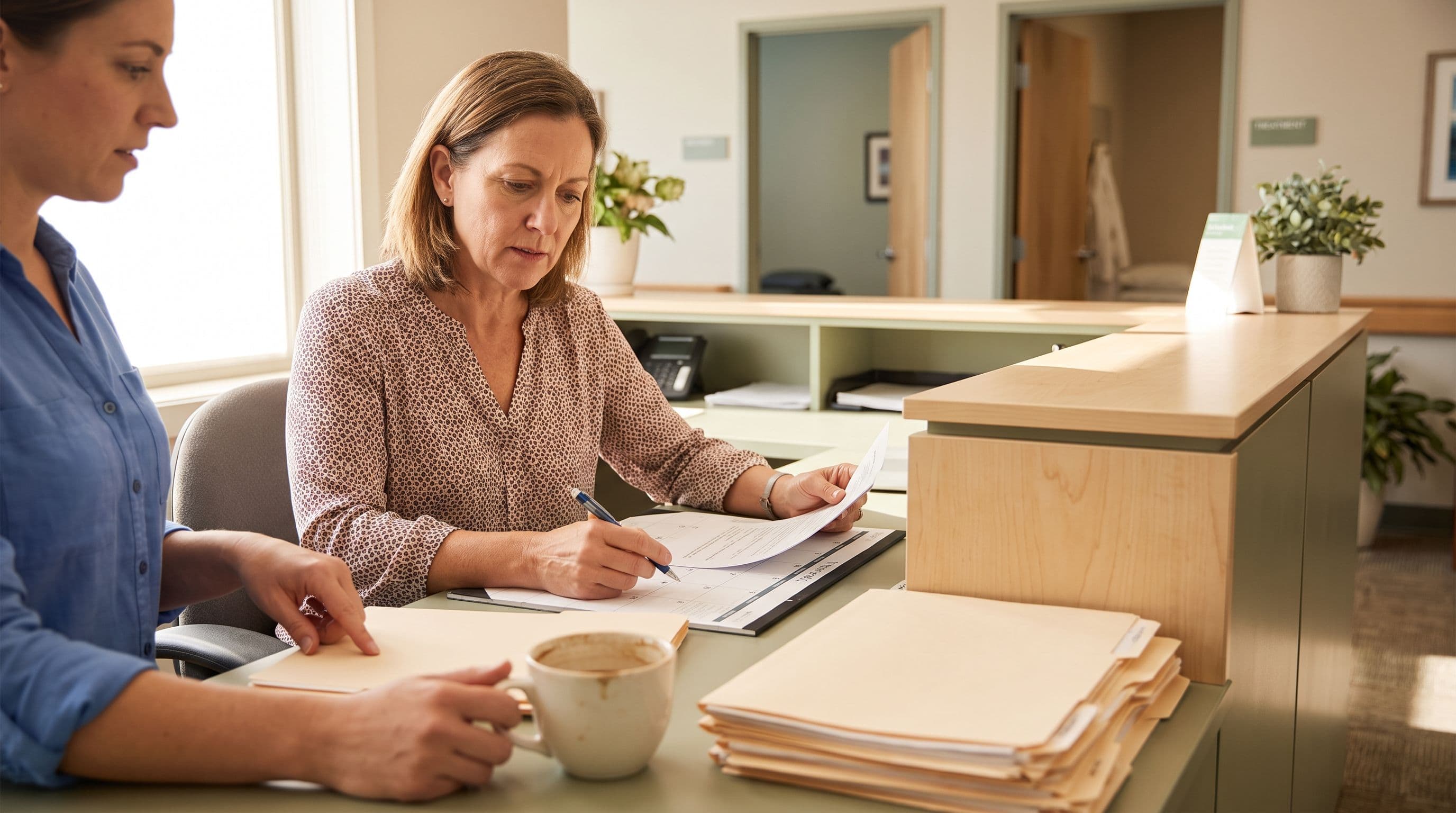A middle-aged woman who owns a small physical therapy practice reviews appointment paperwork beside her office manager at a