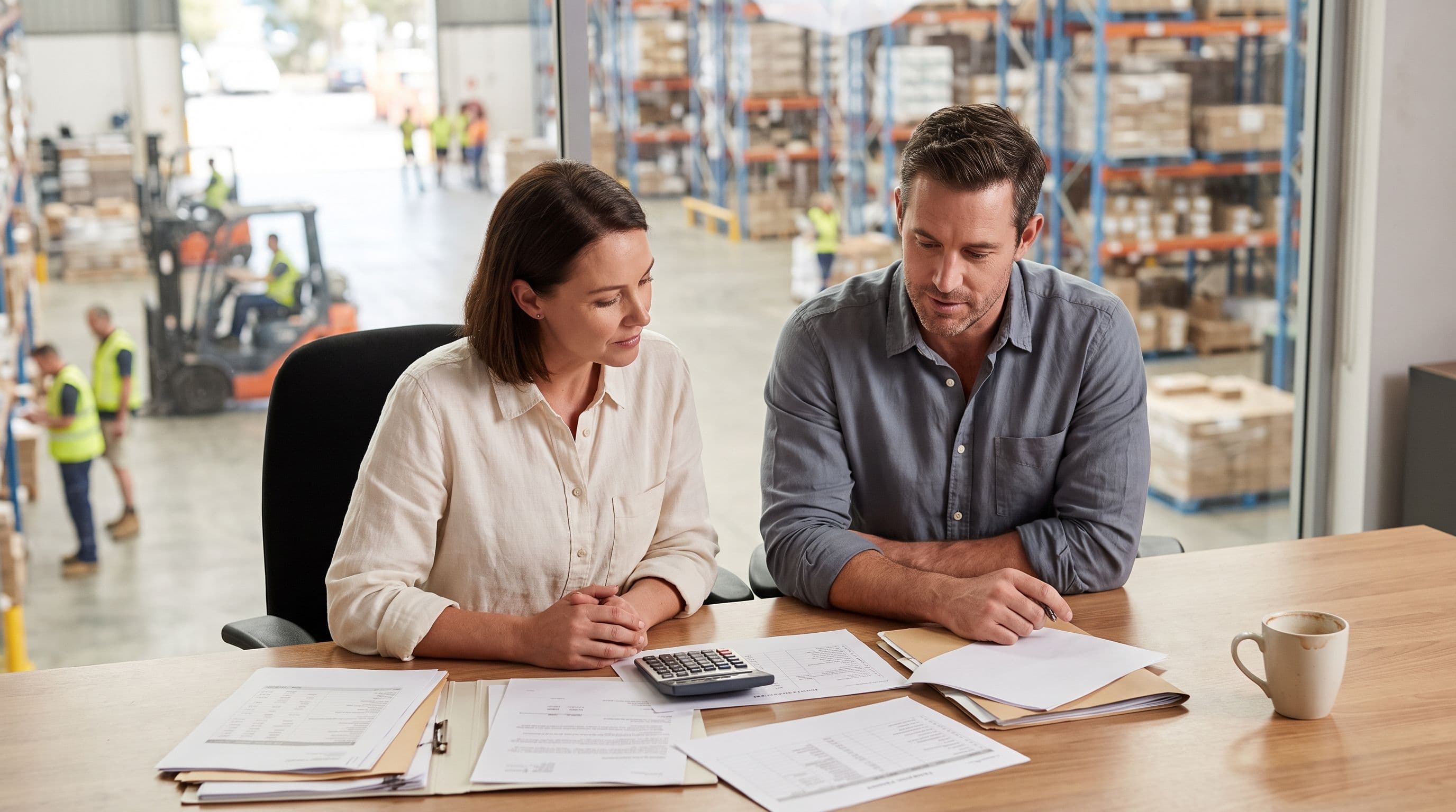 A small distribution-business owner in her forties and an operations manager in his fifties review paperwork together at a