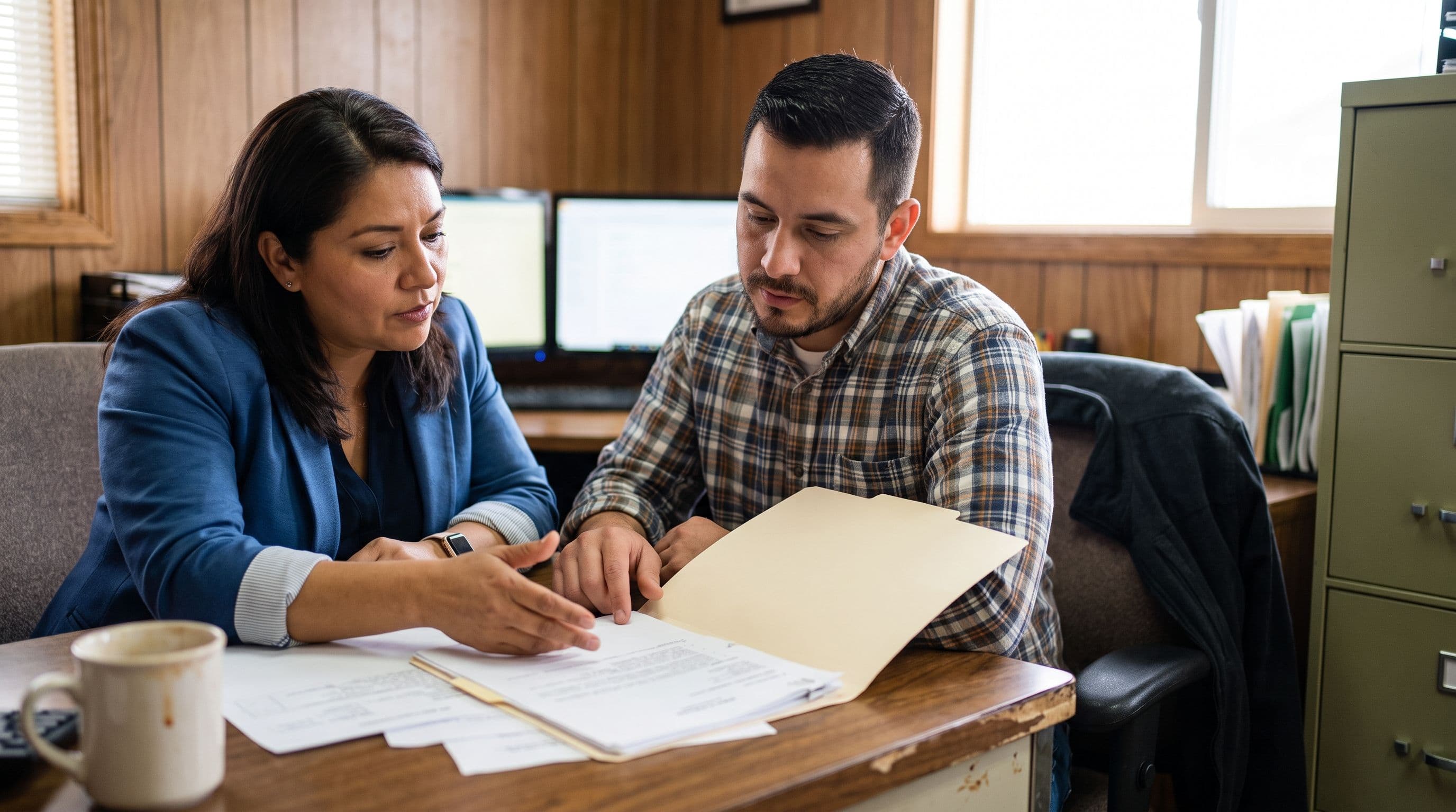 A Latina operations manager in her forties and a male dispatch coordinator in his fifties review an order folder together at