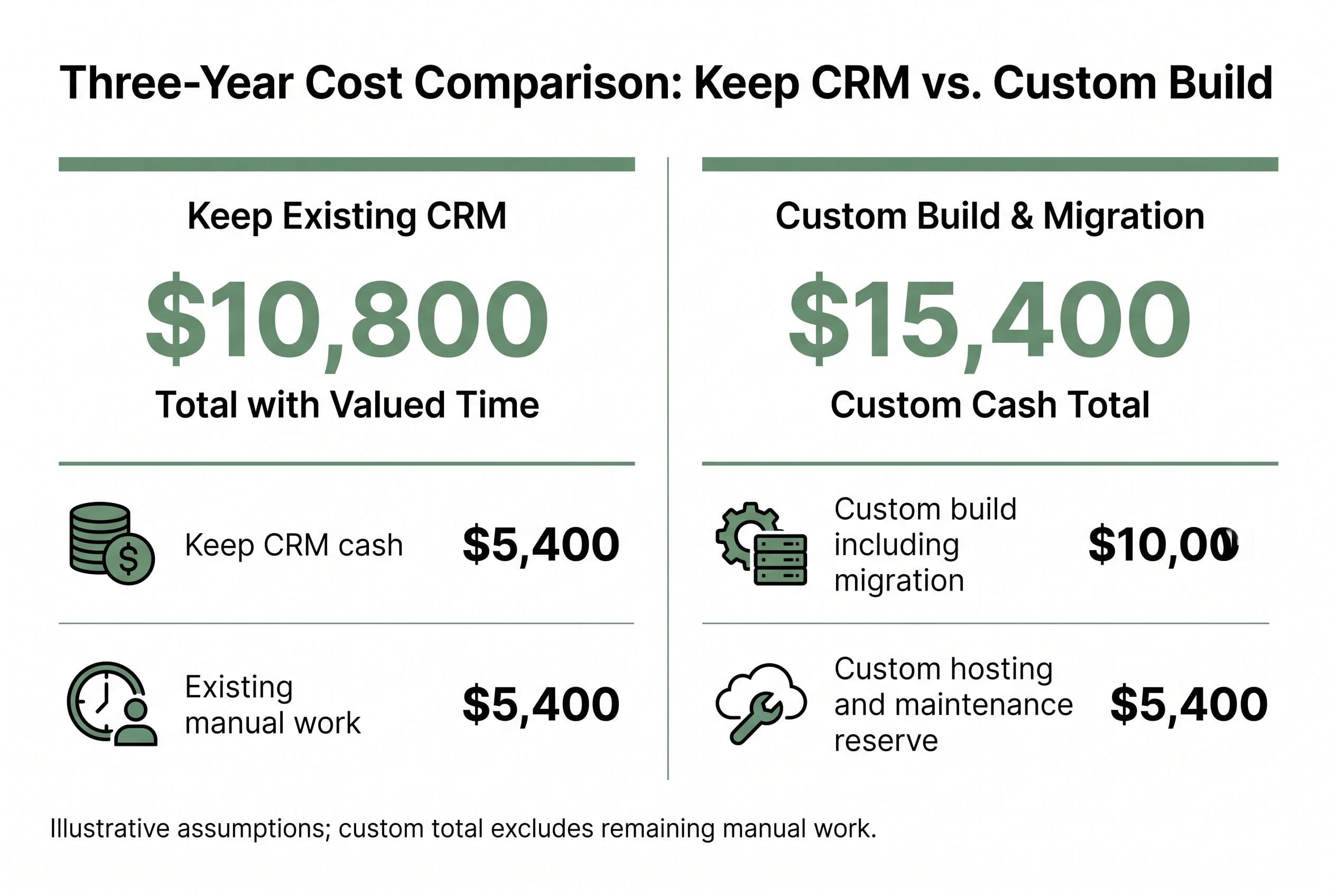 Show an illustrative three-year cost comparison on a white background with one muted green accent