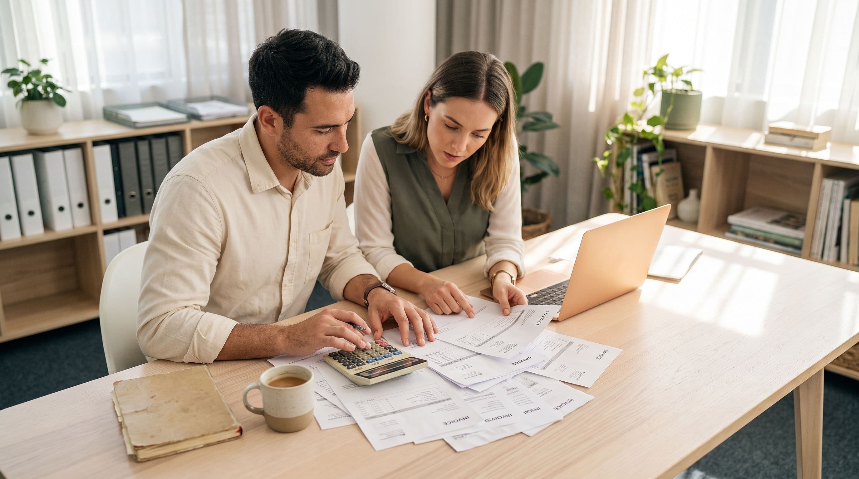A small-business owner and an operations manager sit together at a bright office desk, comparing a calculator