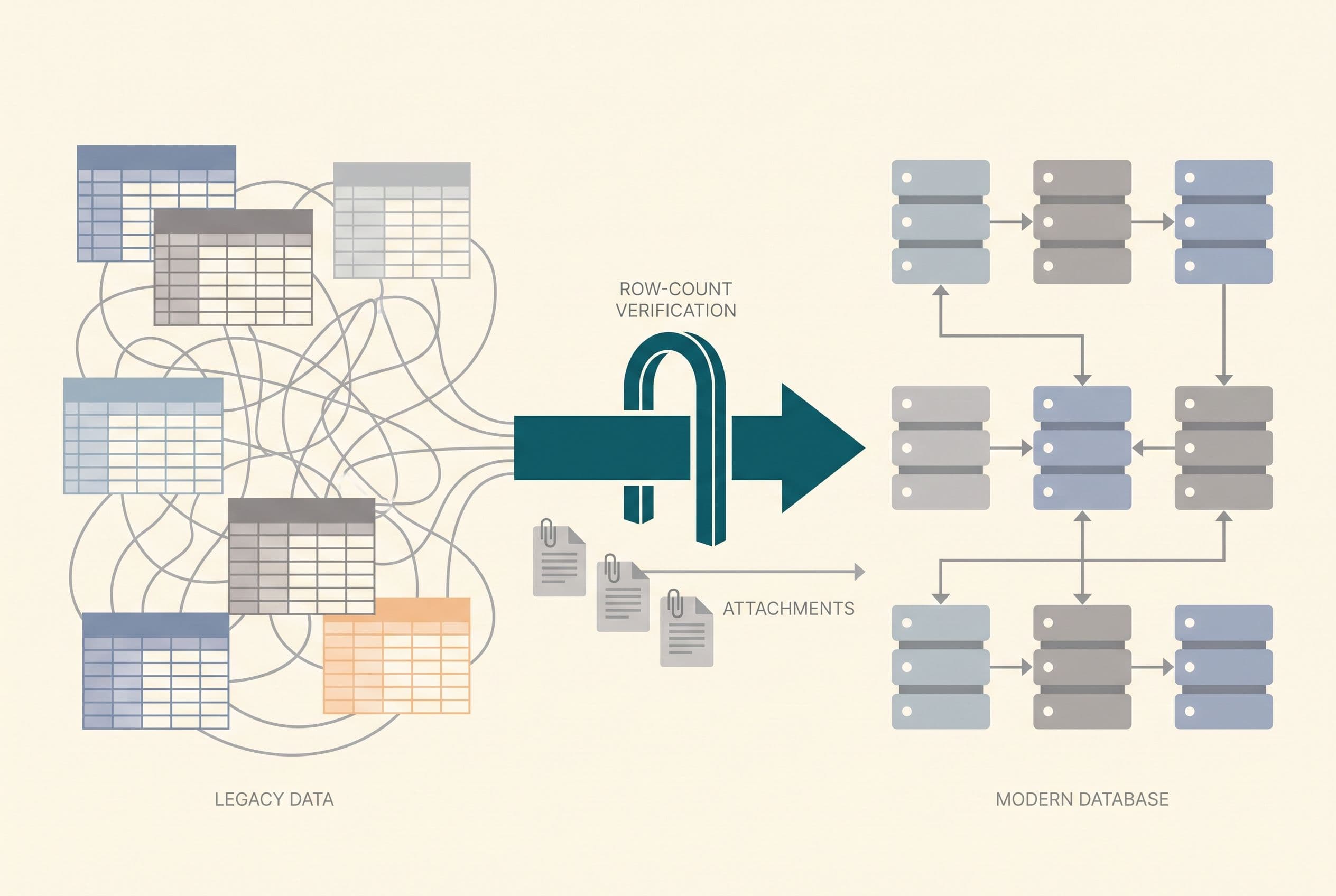 A flat, modern editorial diagram showing data migrating from a grid of colorful spreadsheet-like tables on the left