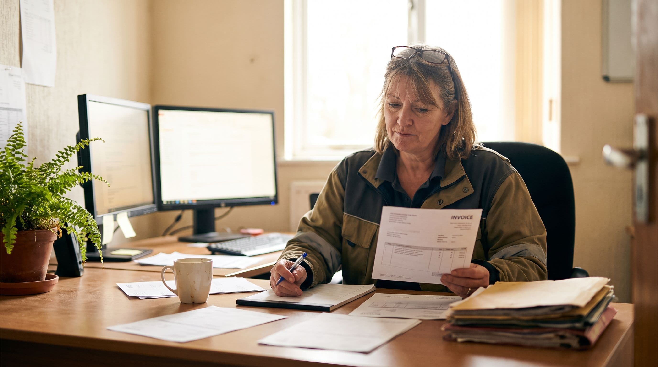 A woman in her early fifties, the operations manager of a small landscaping company