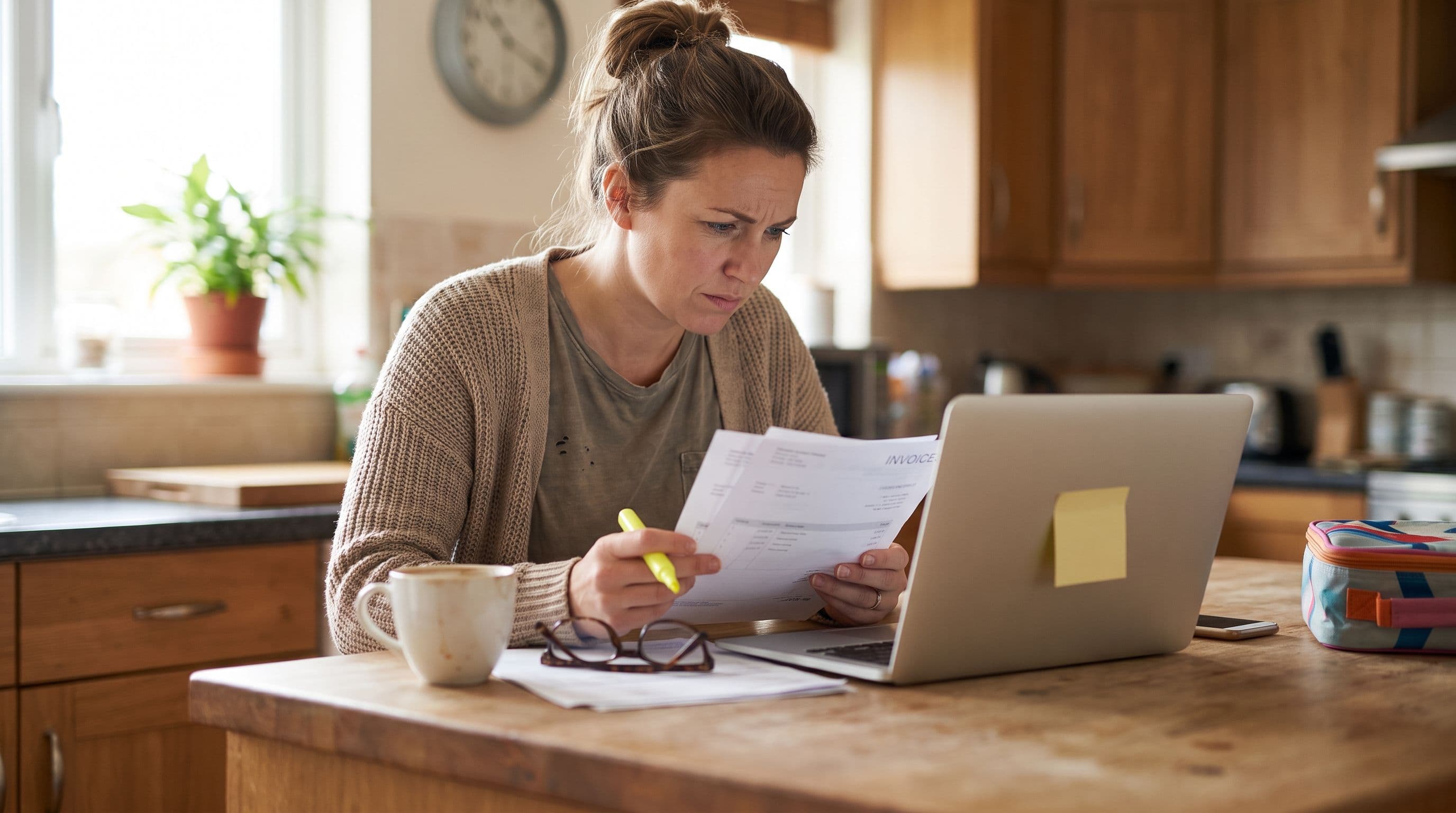 A woman in her late forties who owns a home-services company sits at a kitchen island in the early morning