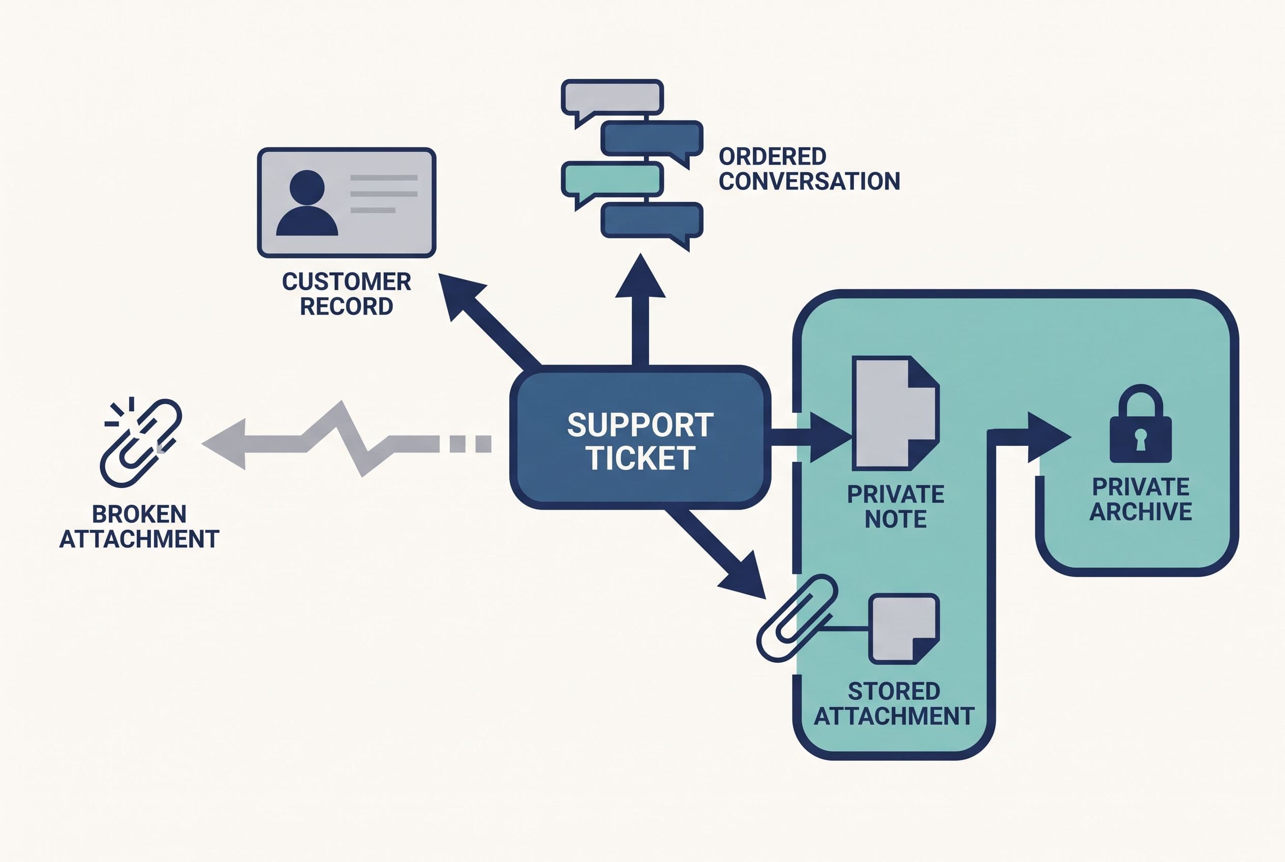 Show a support ticket as the central focal point, connected to a customer record, an ordered conversation thread, a private