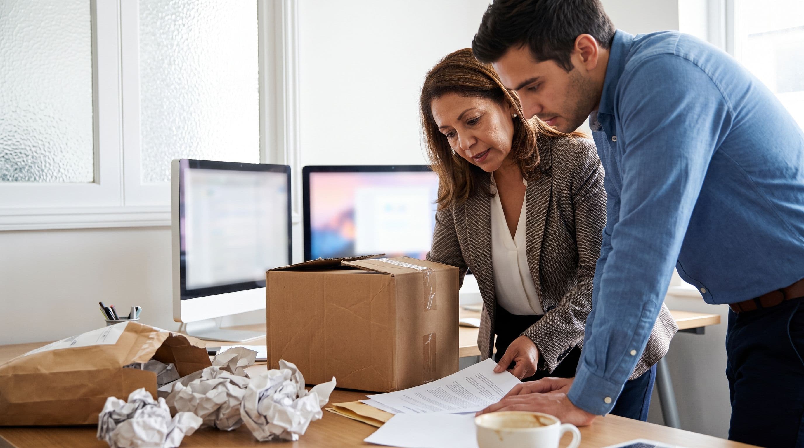 A middle-aged Latina operations manager and a younger male support lead review a small damaged parcel and printed paperwork