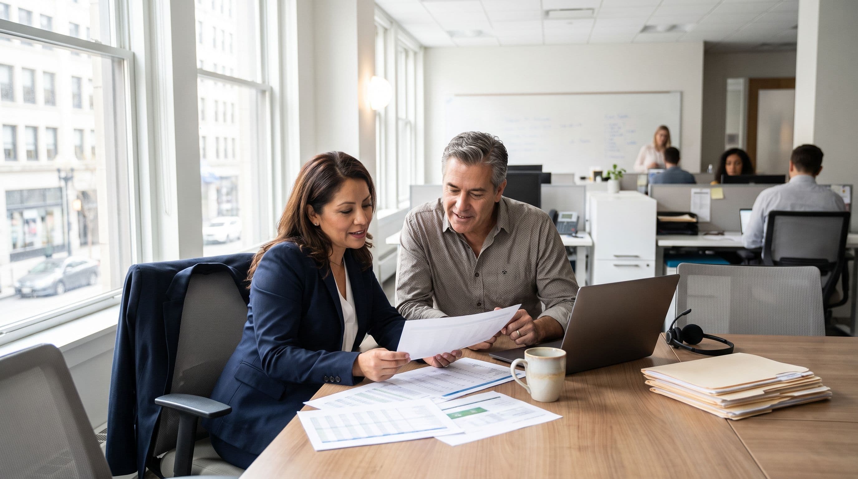 A Latina sales operations manager in her forties and a male business owner in his fifties review paperwork at a bright