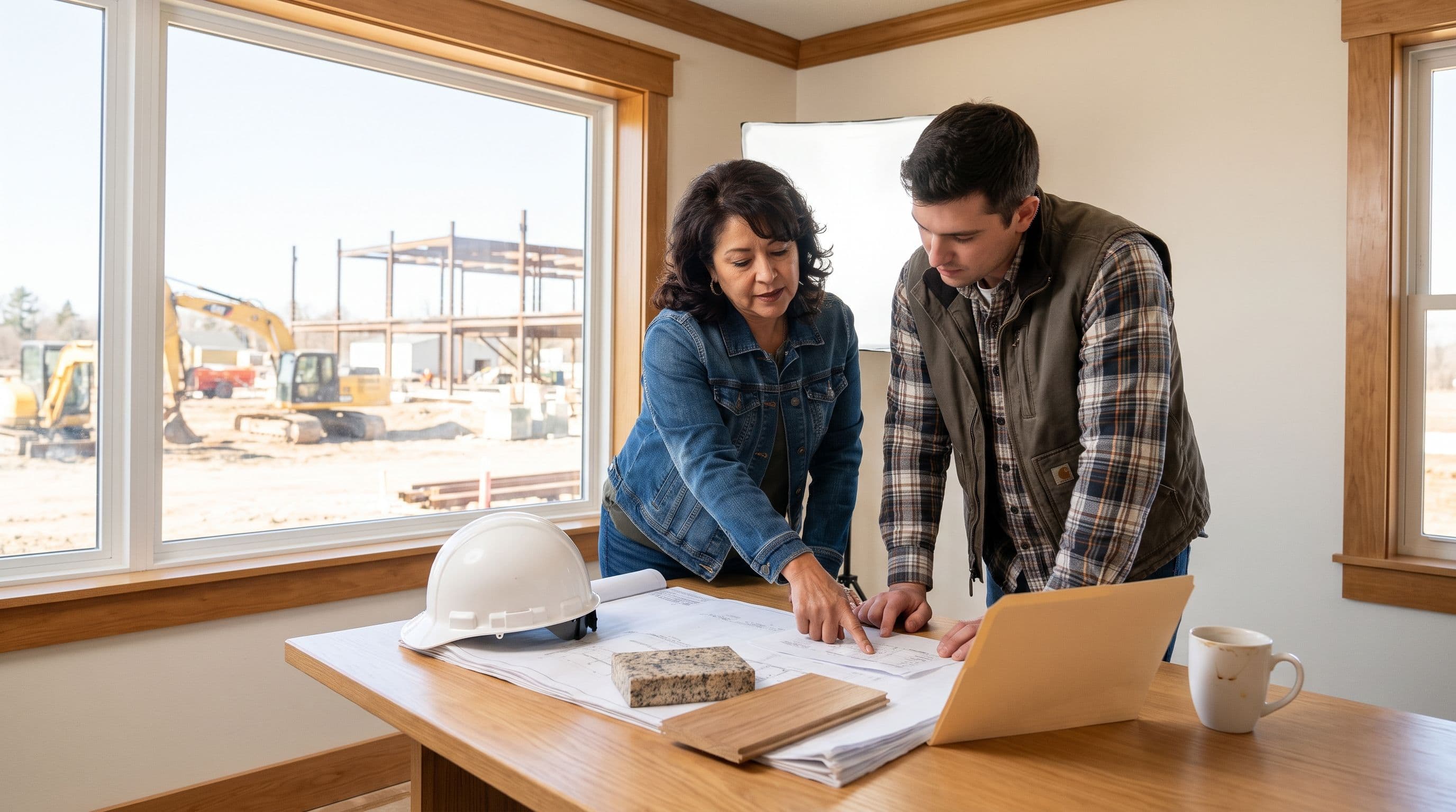A middle-aged Latina construction business owner and a younger project manager review a small stack of paperwork at a clean