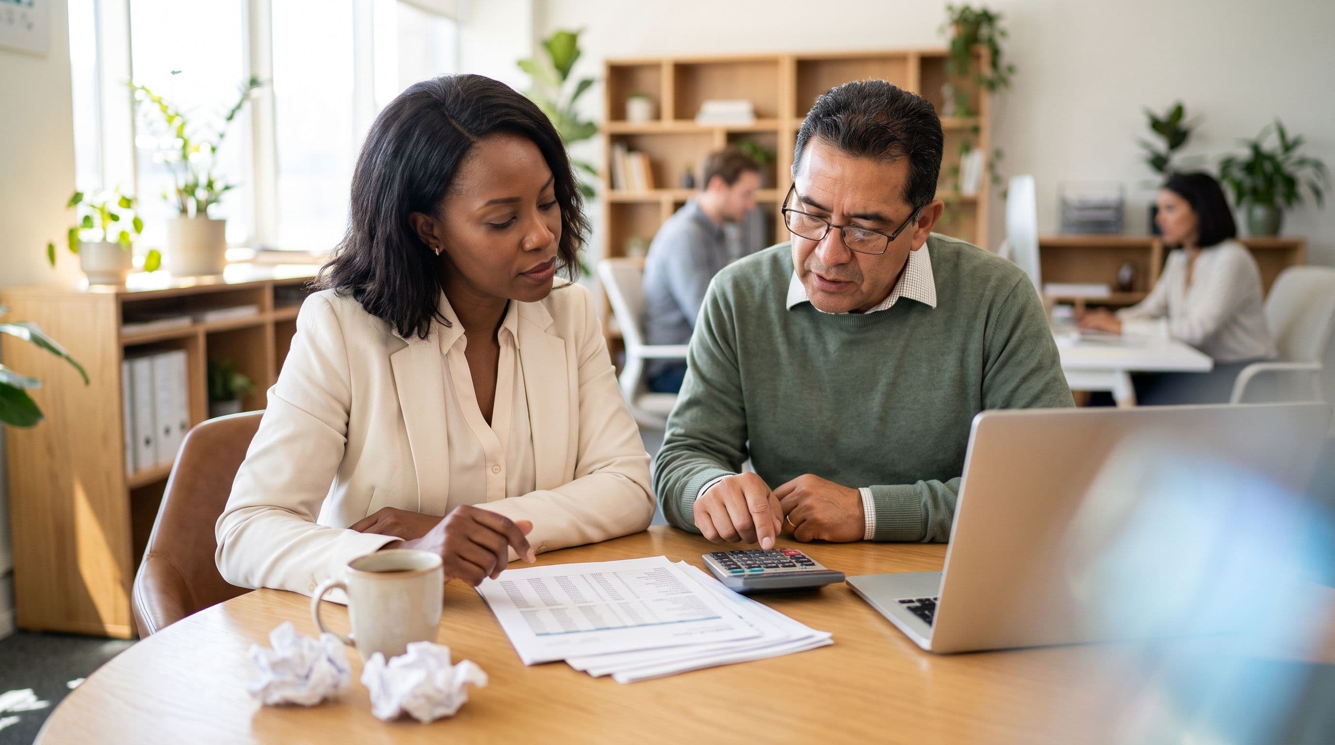 A Black woman business owner in her forties and a Latino operations manager in his fifties sit at a small conference table