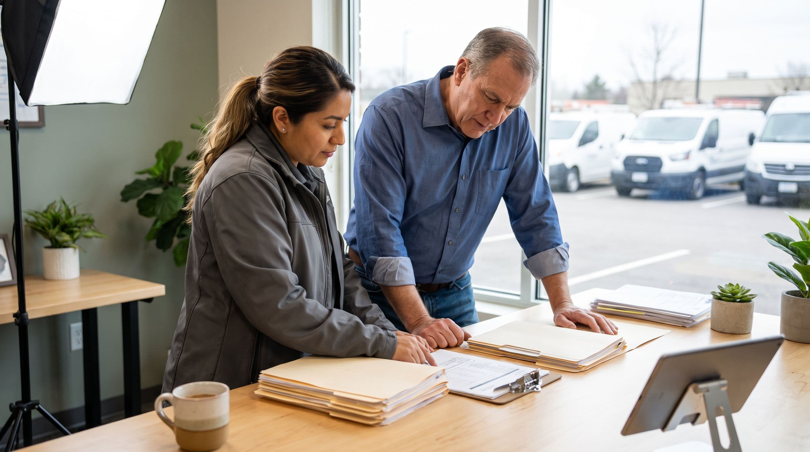 A Latina field-service business owner in her forties and an older male dispatcher review paperwork beside a tablet at a