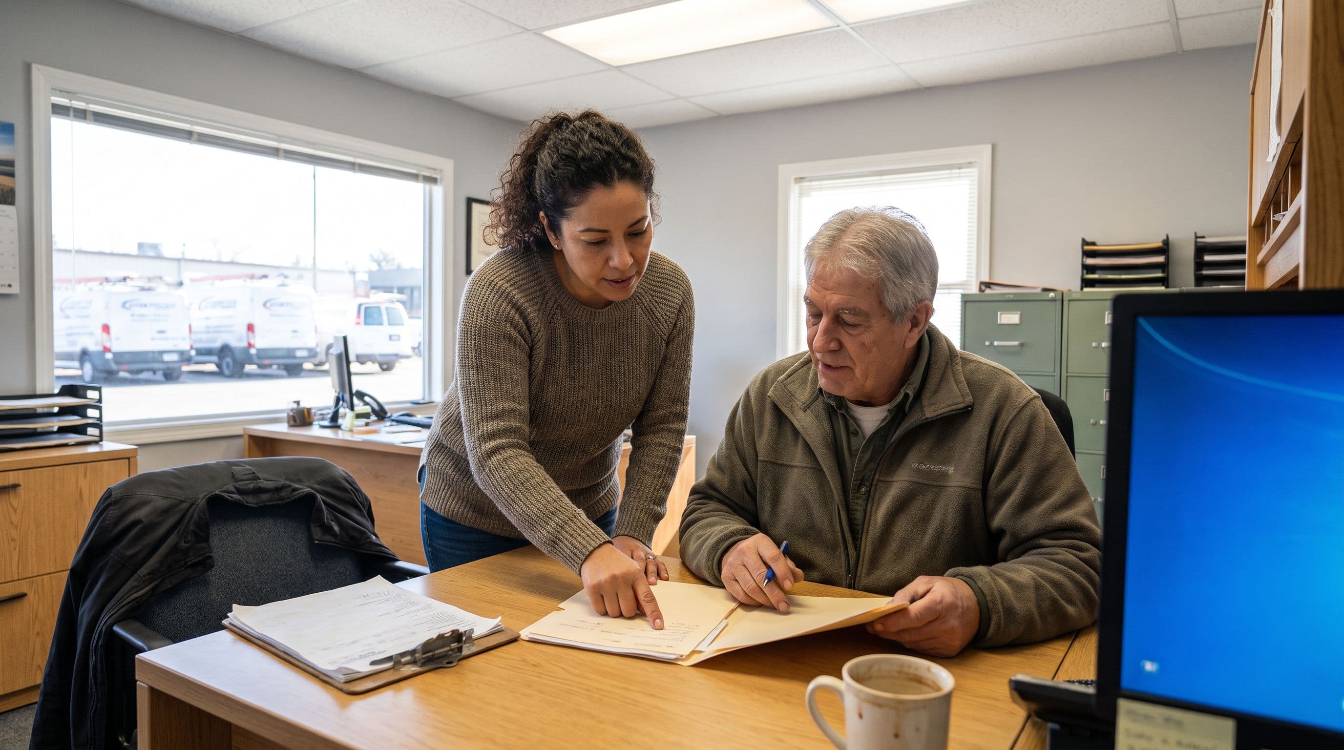 A Latina service-business owner in her forties and an older dispatcher review job folders at a tidy office desk beside a
