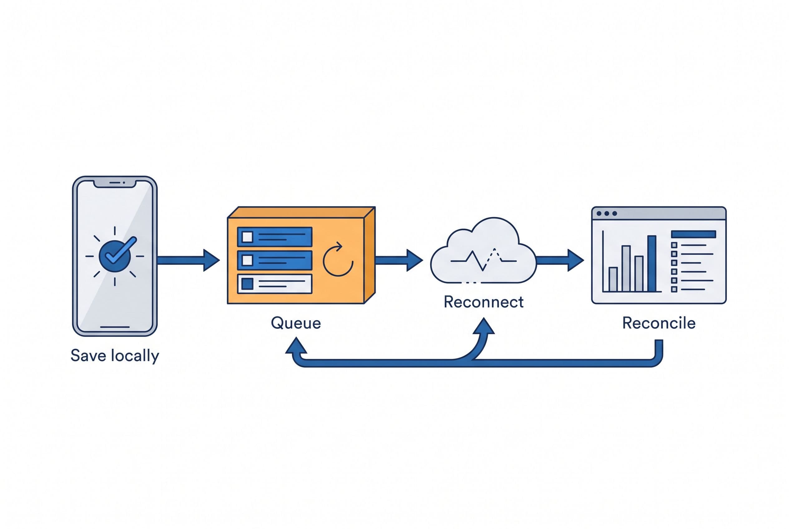 Show an offline field-service update as a simple left-to-right flow with four elements: a phone holding a completed job, a