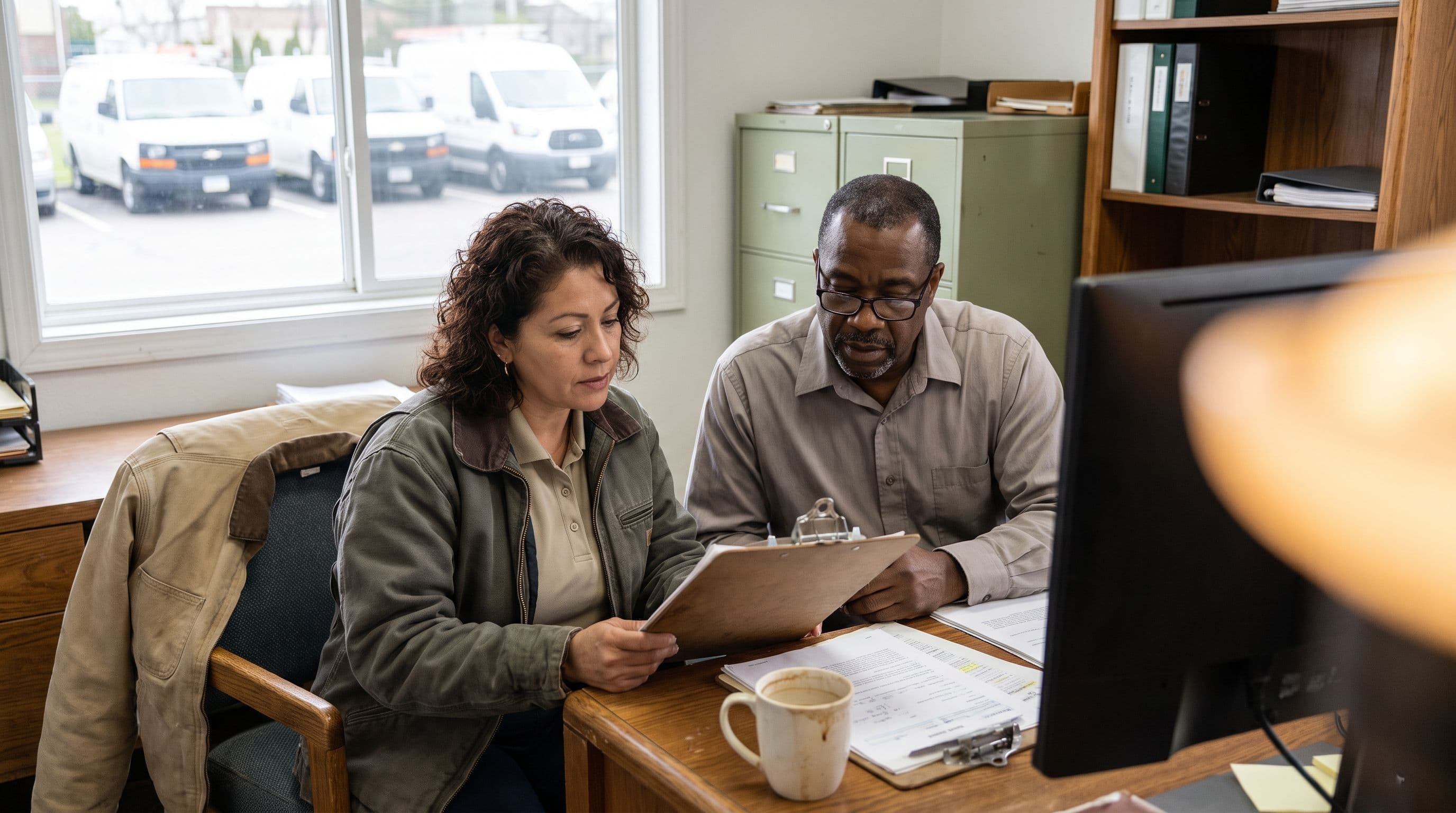 A Latina field service business owner in her forties and a Black dispatcher in his fifties review paperwork together at a