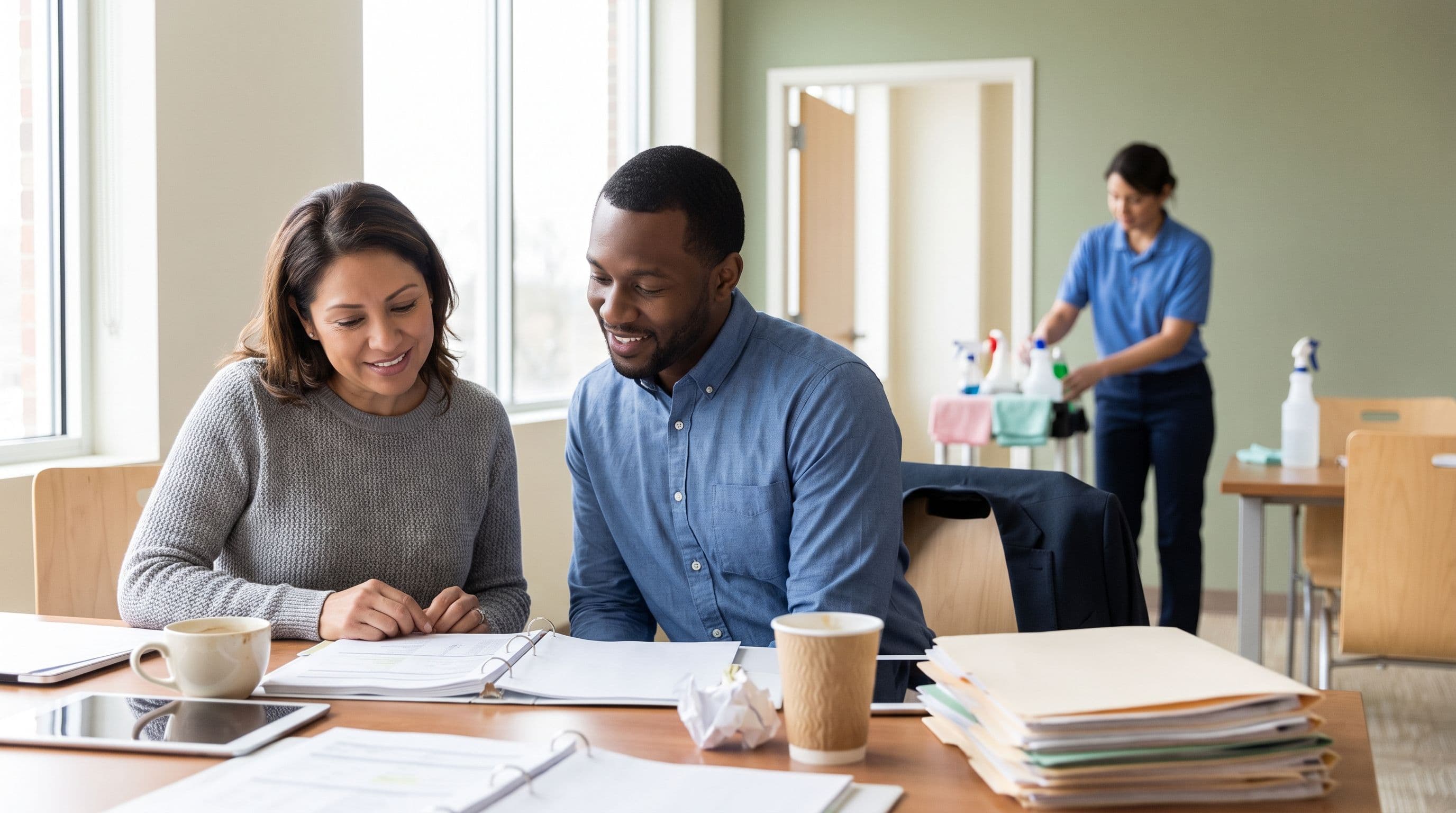 A Latina cleaning-business owner in her forties and a Black office coordinator in his thirties review appointment paperwork