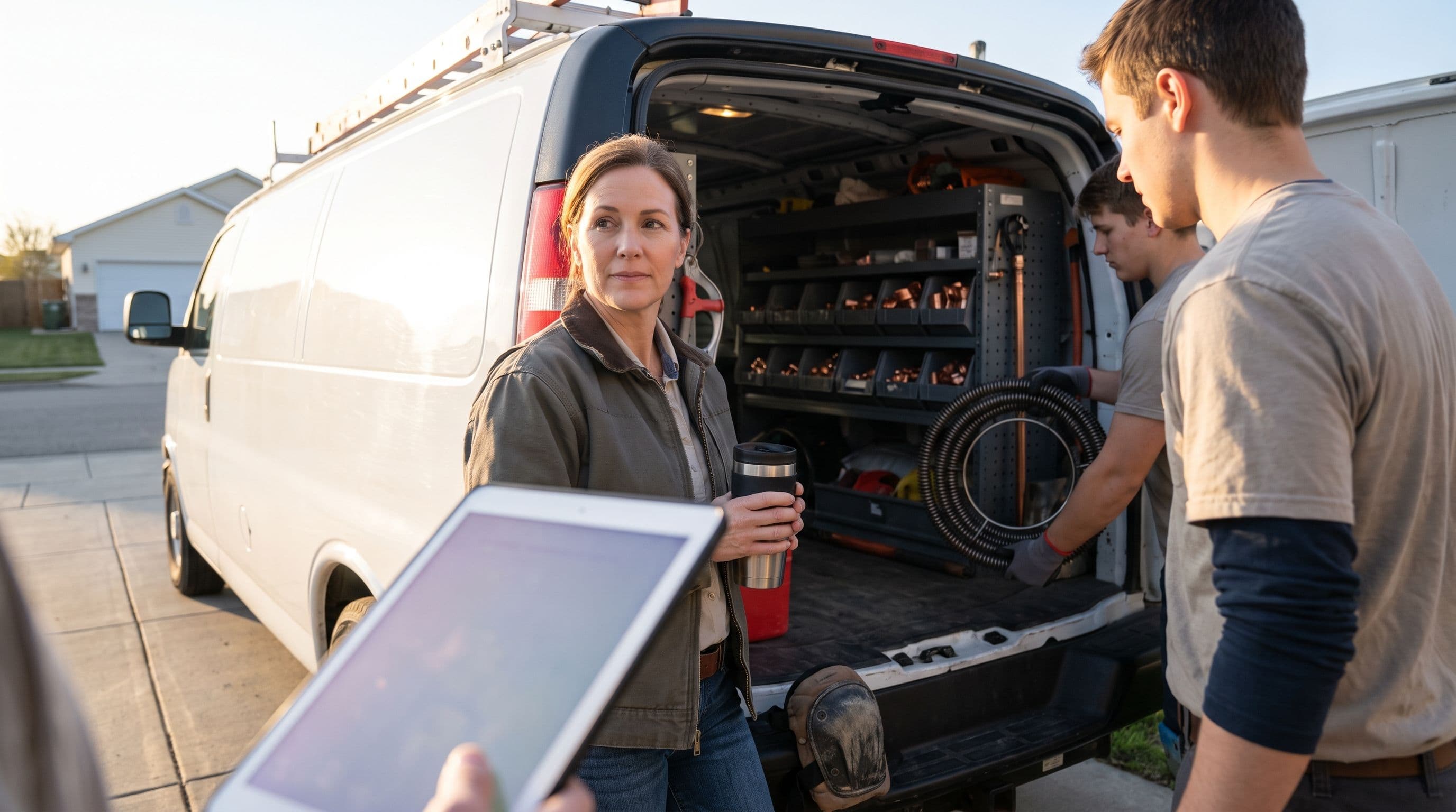 A plumbing company owner in her late forties stands at the open tailgate of a white work van in a suburban driveway