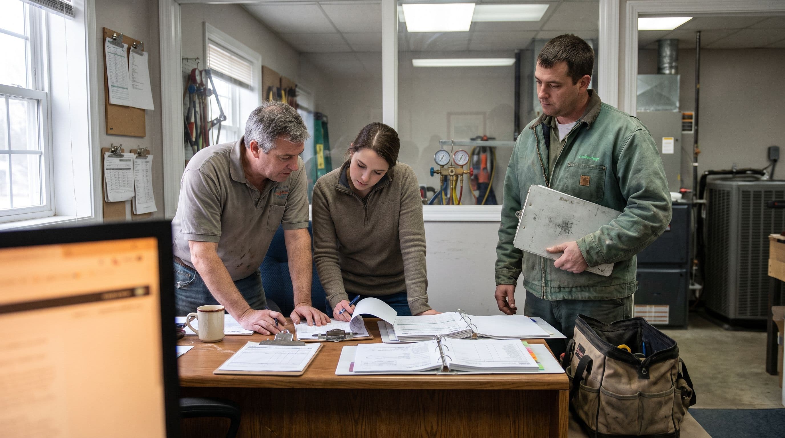 A middle-aged HVAC business owner and a younger office coordinator review equipment paperwork at a tidy service-office desk