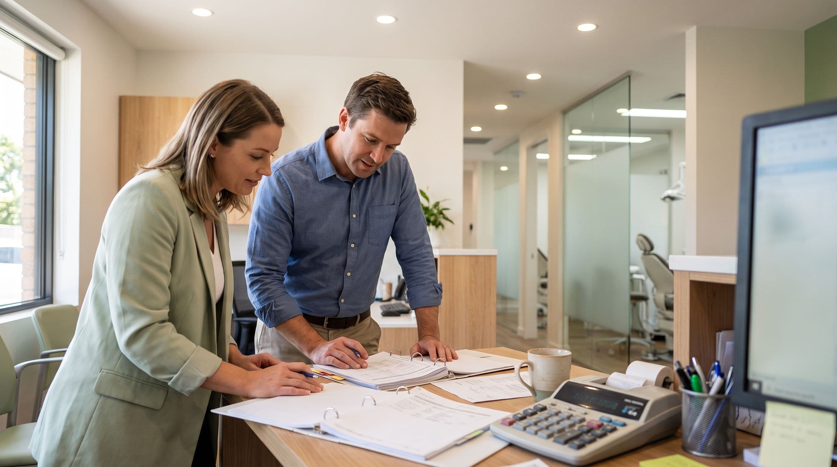 A dental practice owner and an office manager review a calculator and several sheets of paperwork at a clean reception-side