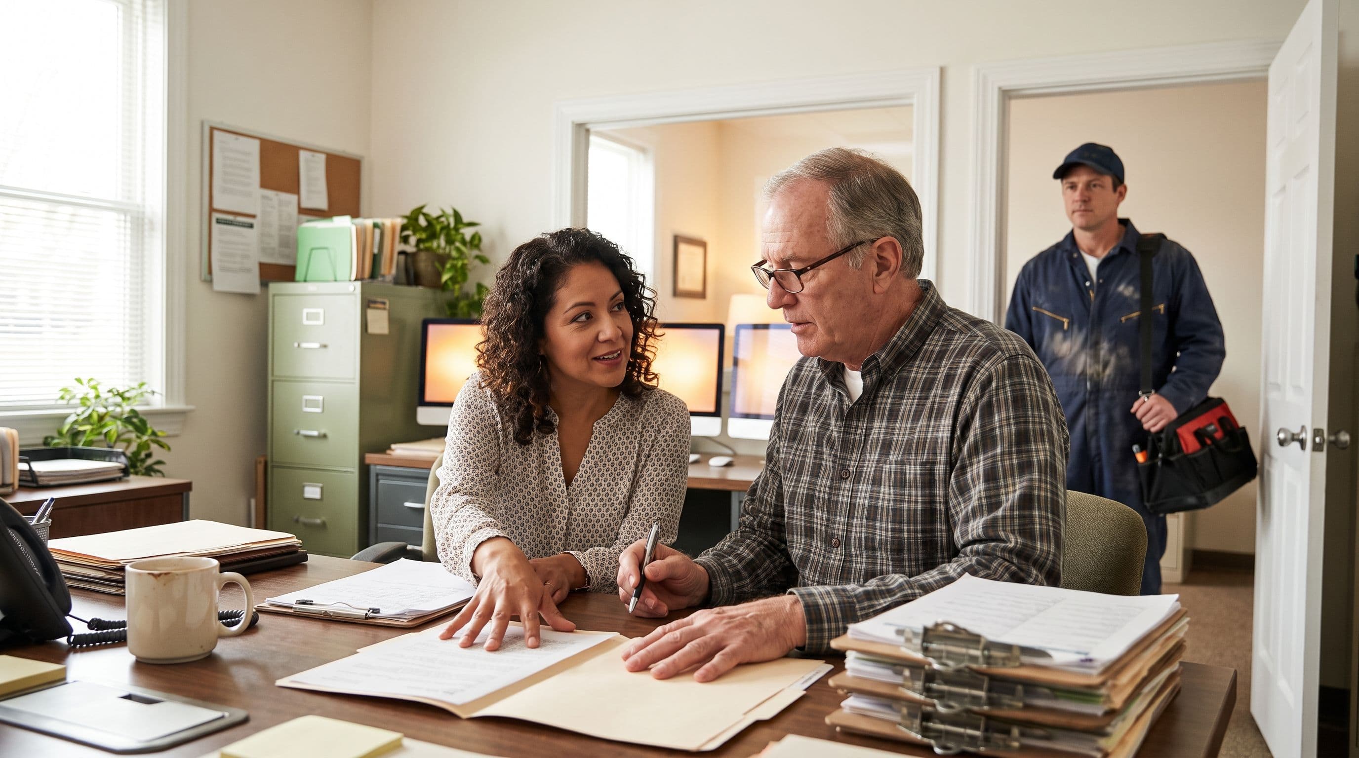A Latina service-business owner in her forties and an older male dispatcher review job folders at a bright