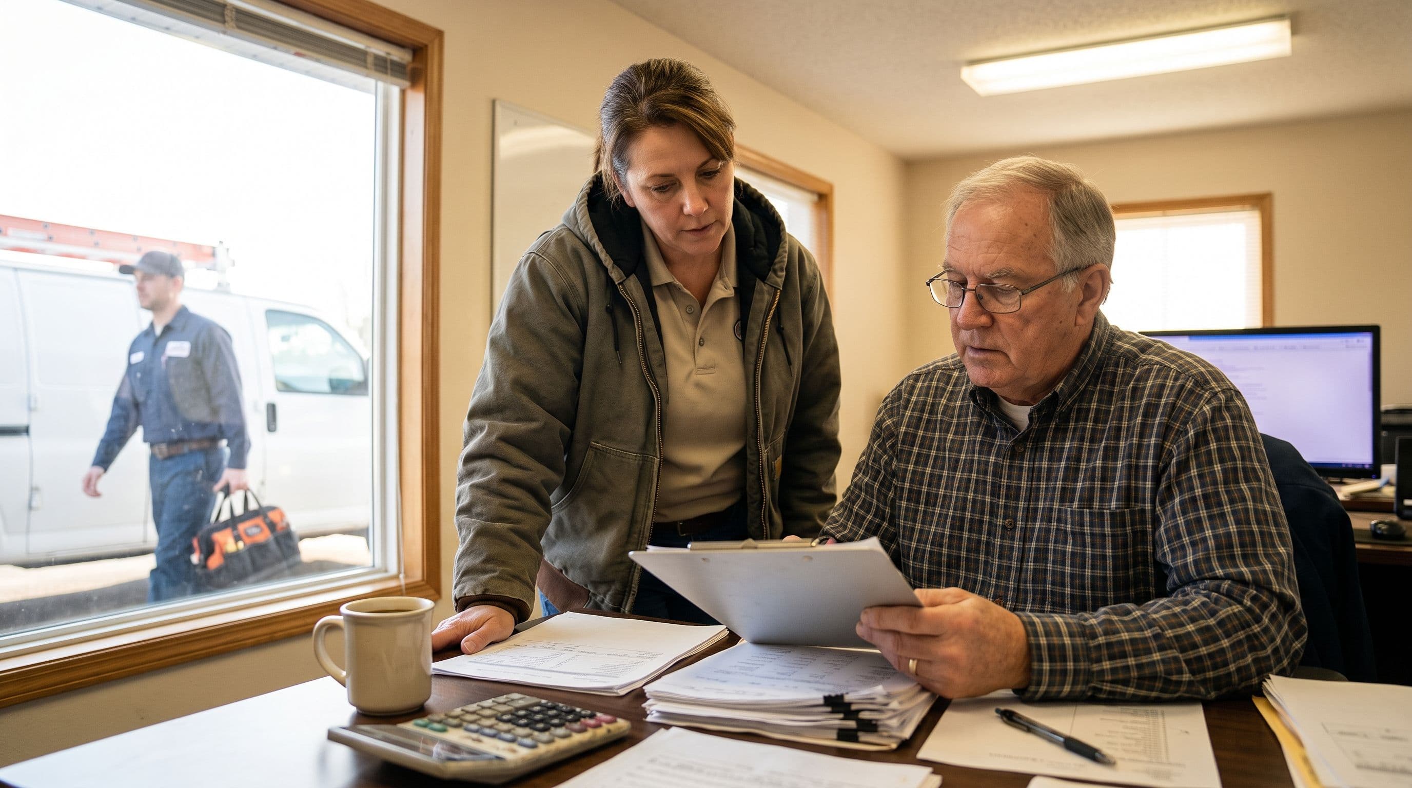 An HVAC business owner in her forties and an older dispatcher review appointment paperwork at a clean office desk beside a