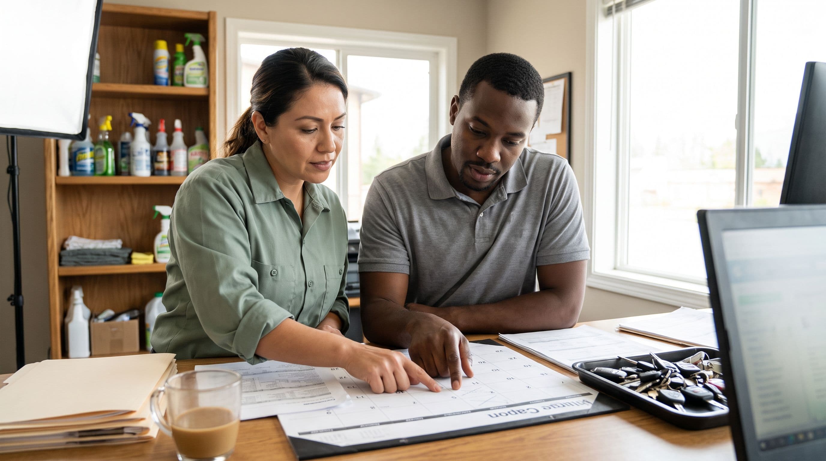 A Latina cleaning-business owner in her forties and a Black office coordinator in his thirties review a paper calendar