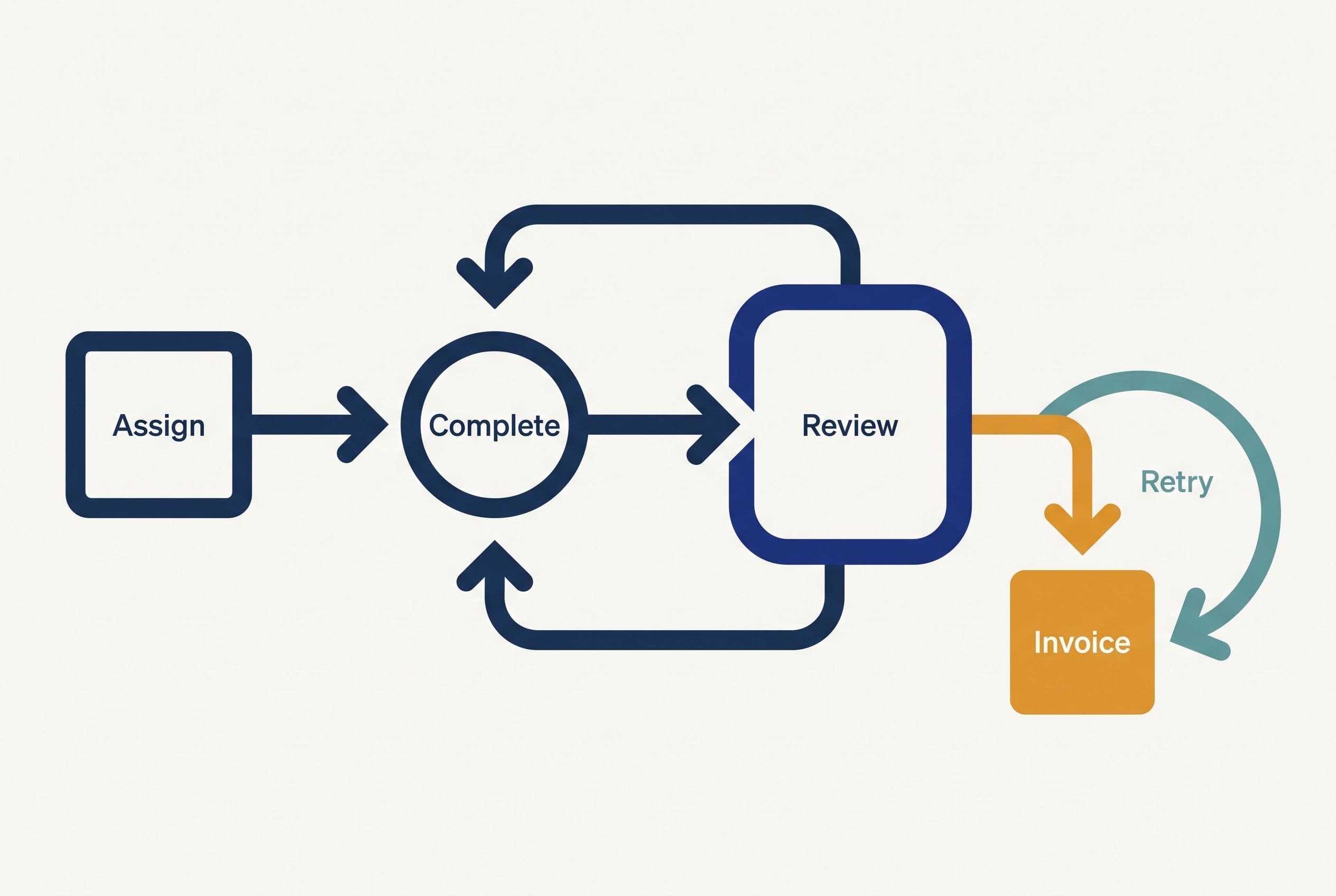 Create a clean editorial workflow diagram with simple geometry and flat navy, teal, and amber colors on an off-white
