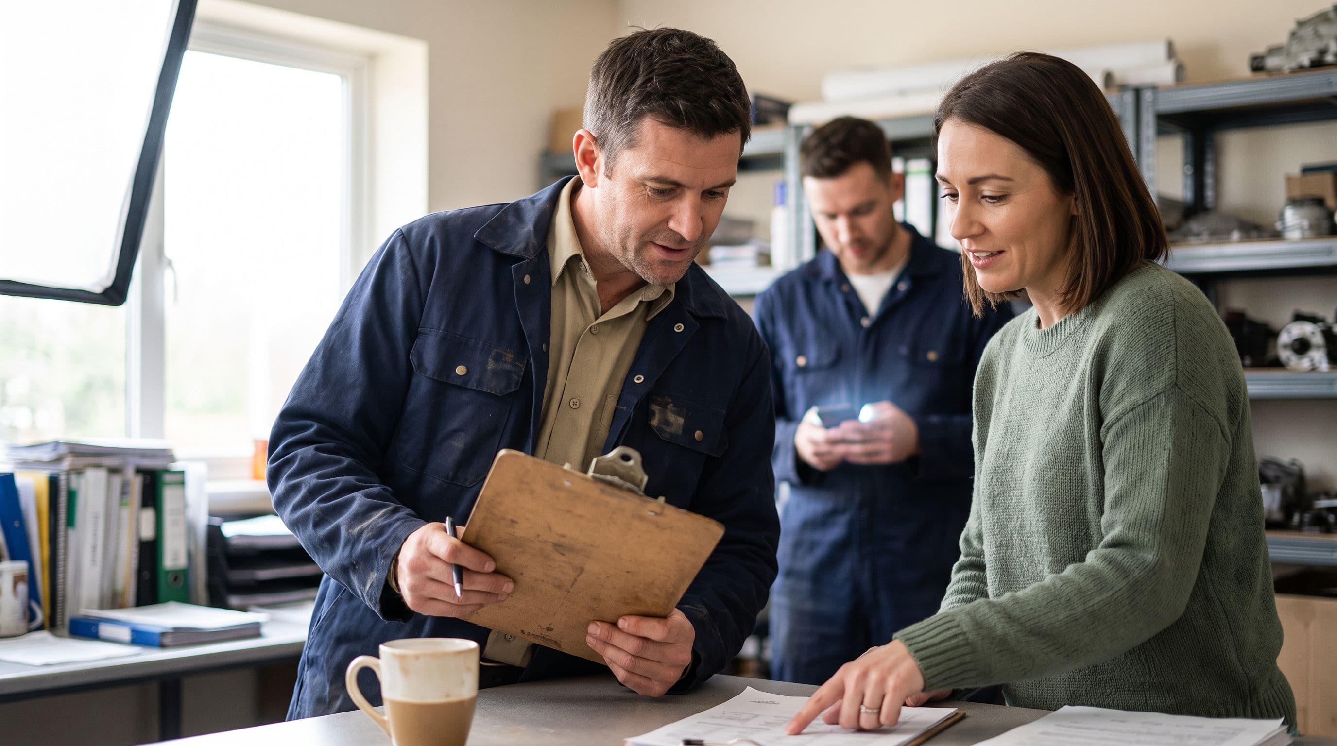 A field-service business owner and an office coordinator review paperwork beside a technician holding a phone in a bright