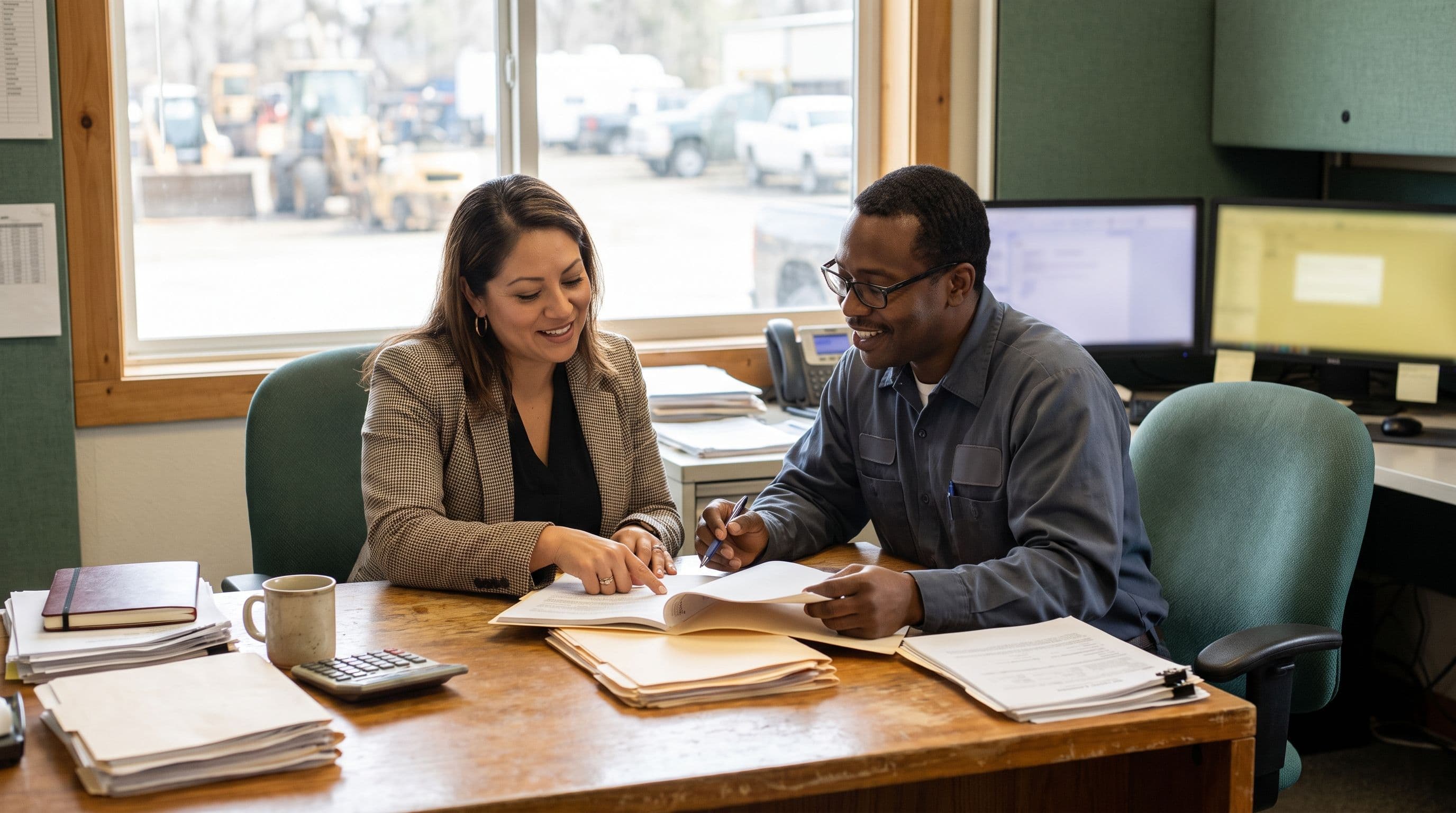 A Latina service-business owner in her forties and a Black office manager in his fifties review a small stack of job folders