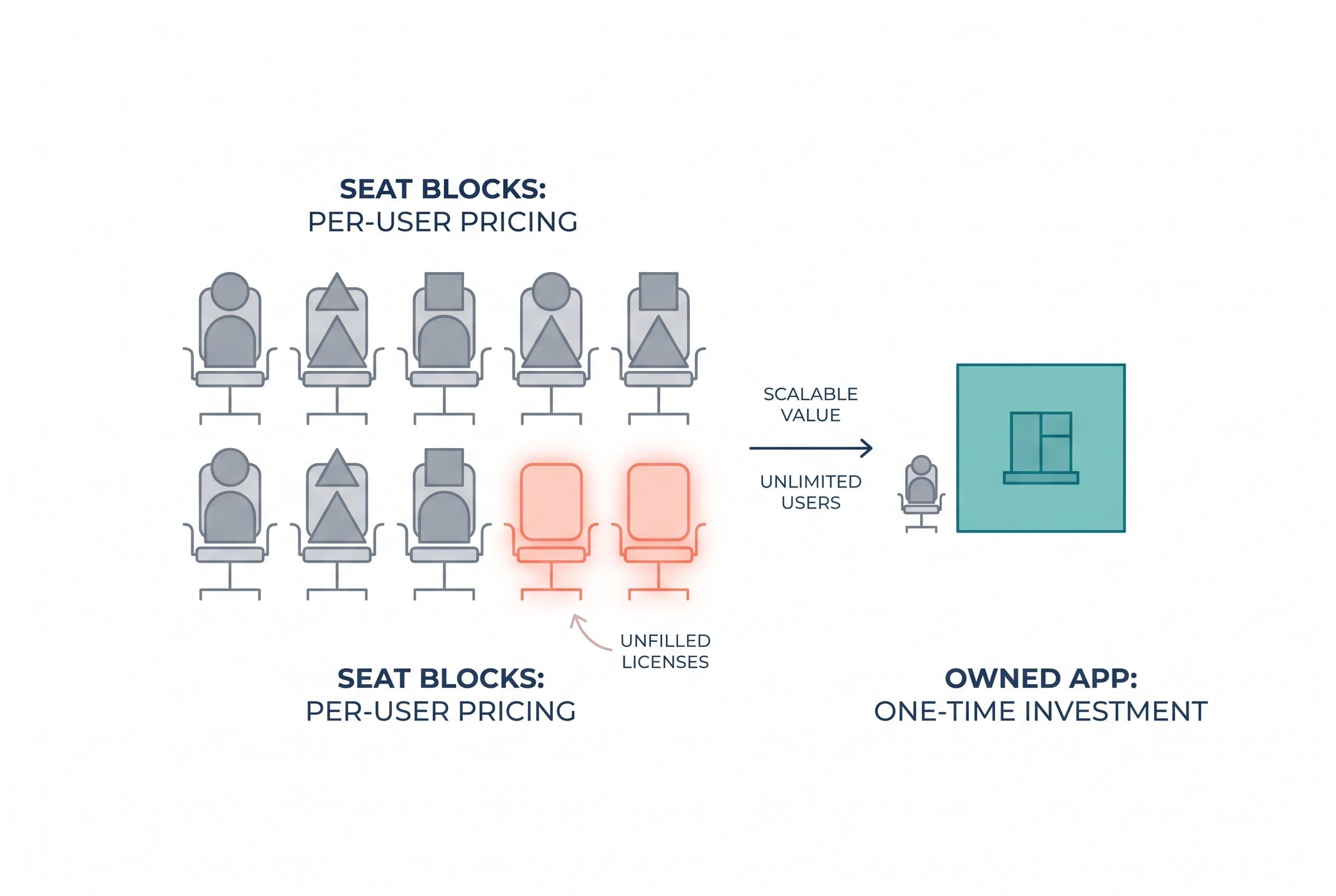 A flat, modern editorial illustration of seat blocks: a row of office chairs grouped in sets of five on a light background