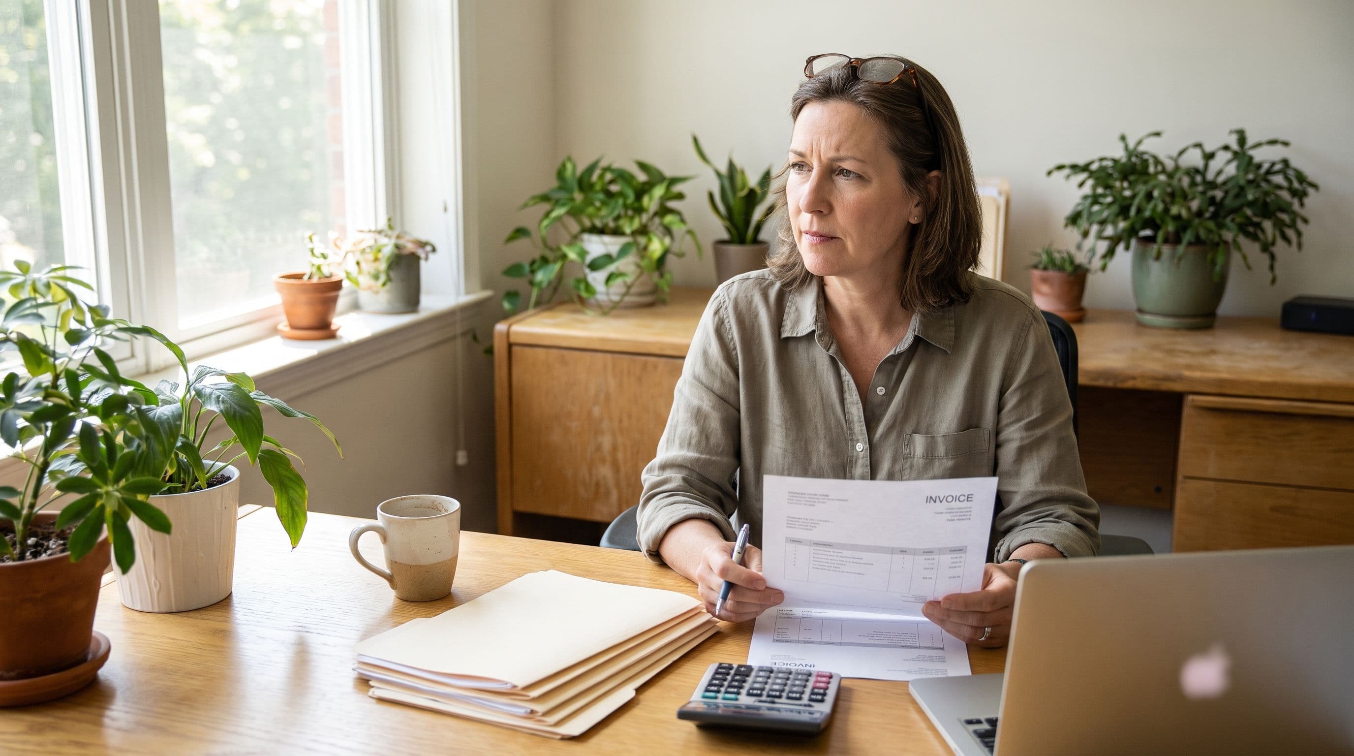 A woman in her early fifties who runs operations for a regional landscaping company sits at a light oak desk in a bright