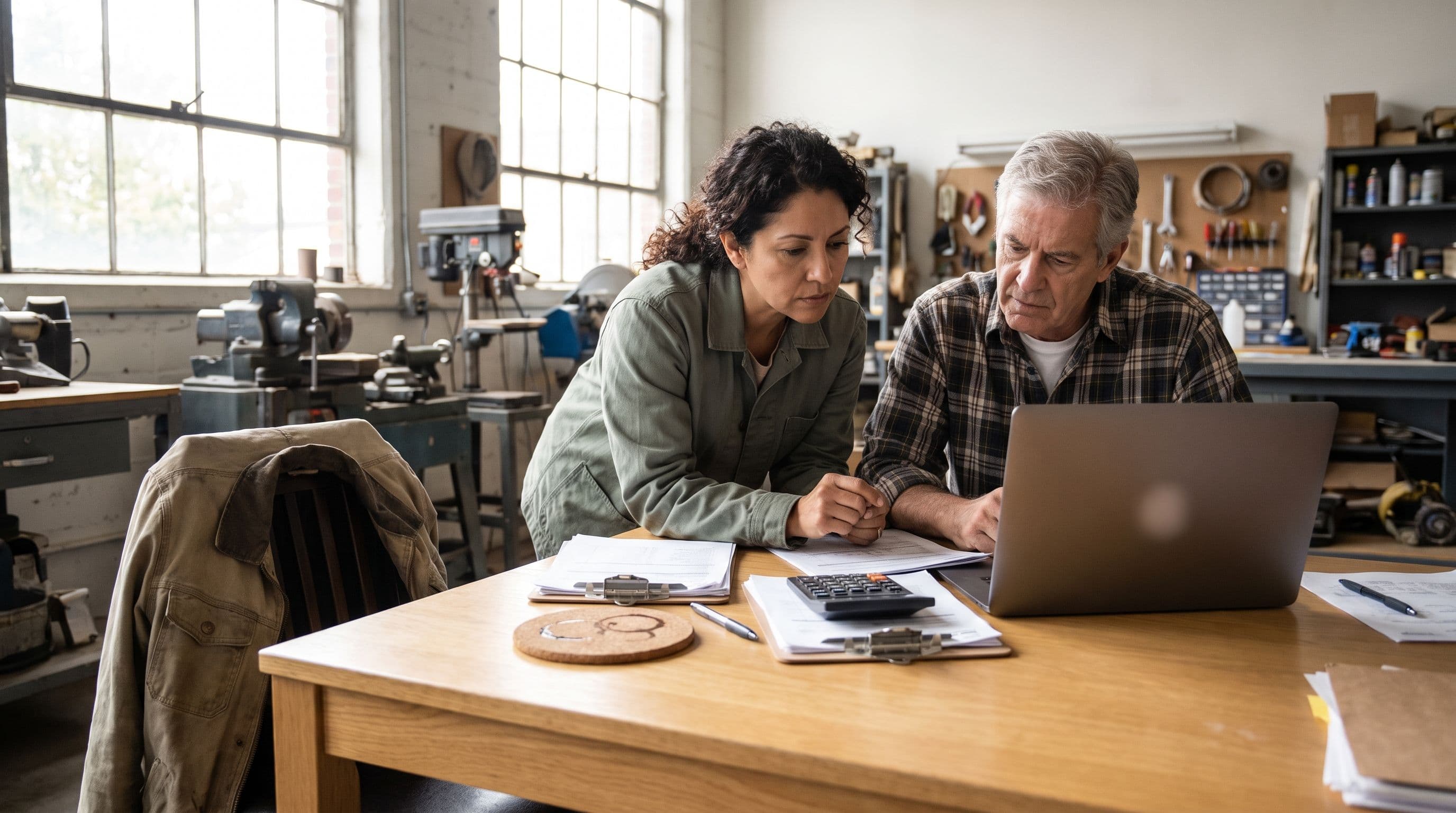 A mid-forties Latina owner of a small commercial maintenance business reviews paperwork with an older operations manager at