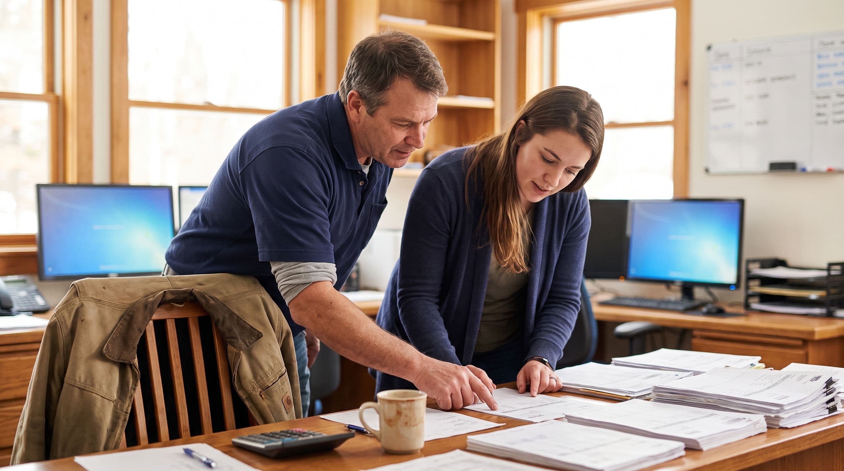 A middle-aged HVAC business owner and a younger office manager review a spread of invoices at a tidy dispatch-office desk