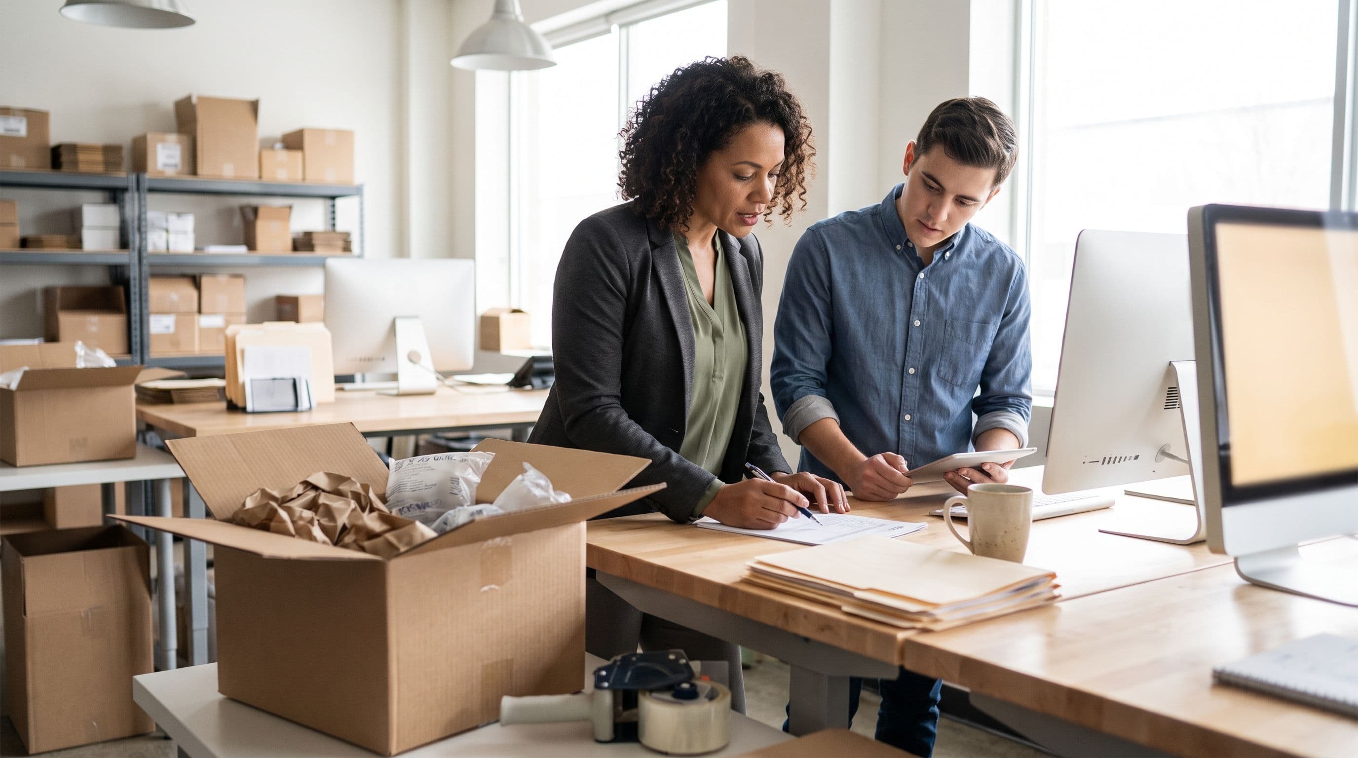 A Latina operations manager in her forties and a younger male customer support colleague review an order issue at a tidy
