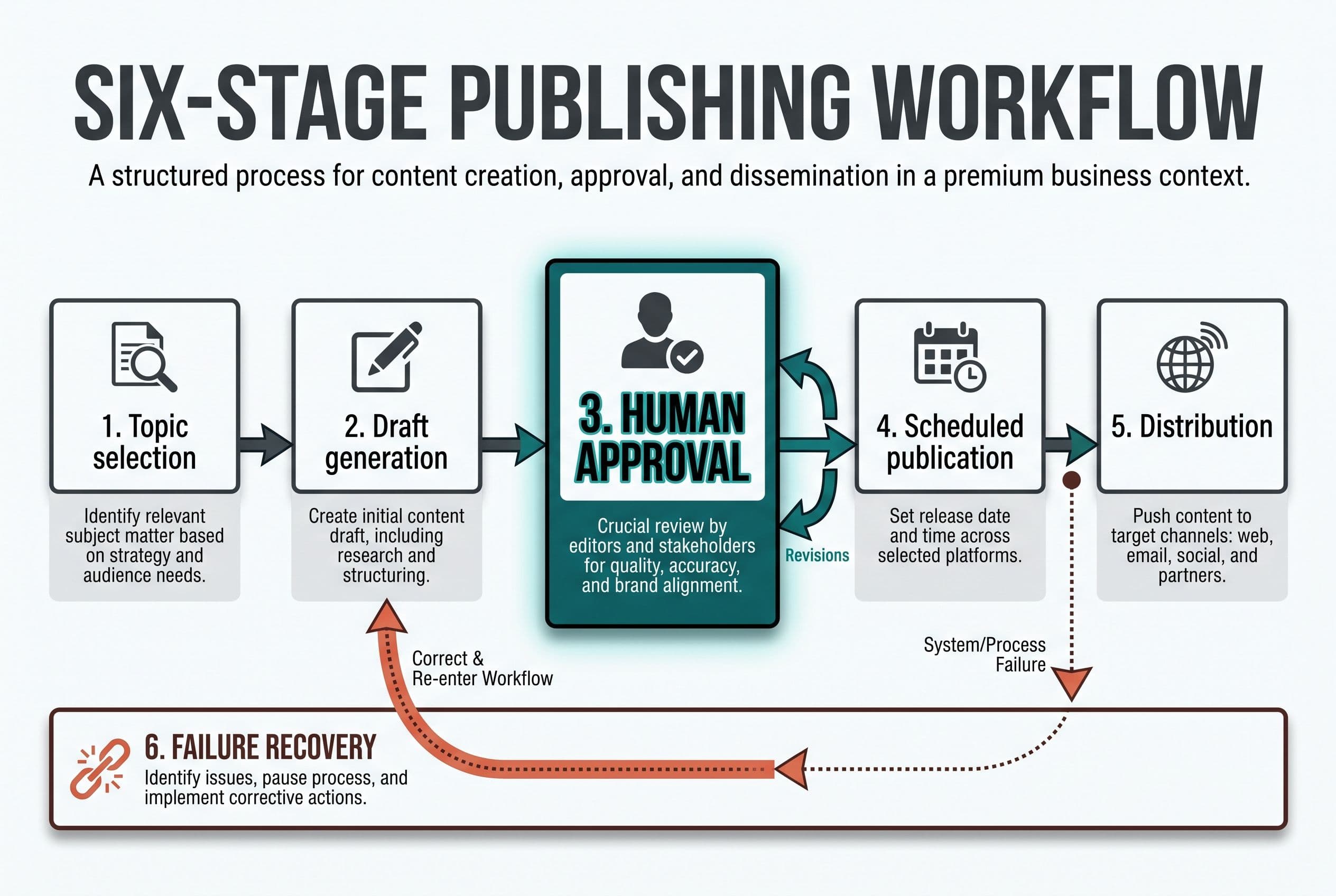 Show a six-stage publishing workflow labeled Topic selection, Draft generation, Human approval, Scheduled publication
