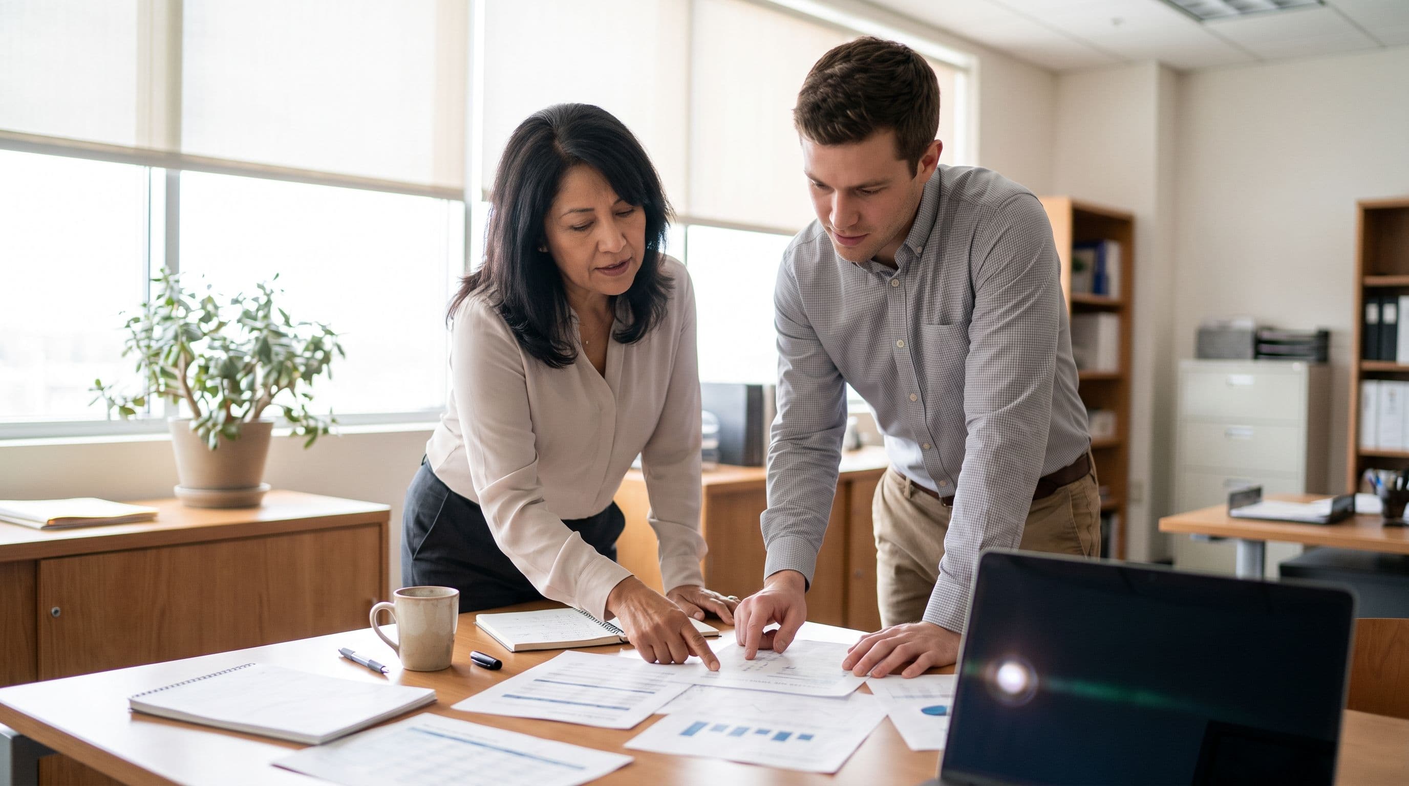 A middle-aged Latina business owner and a younger male operations manager compare paperwork at a clean office meeting table