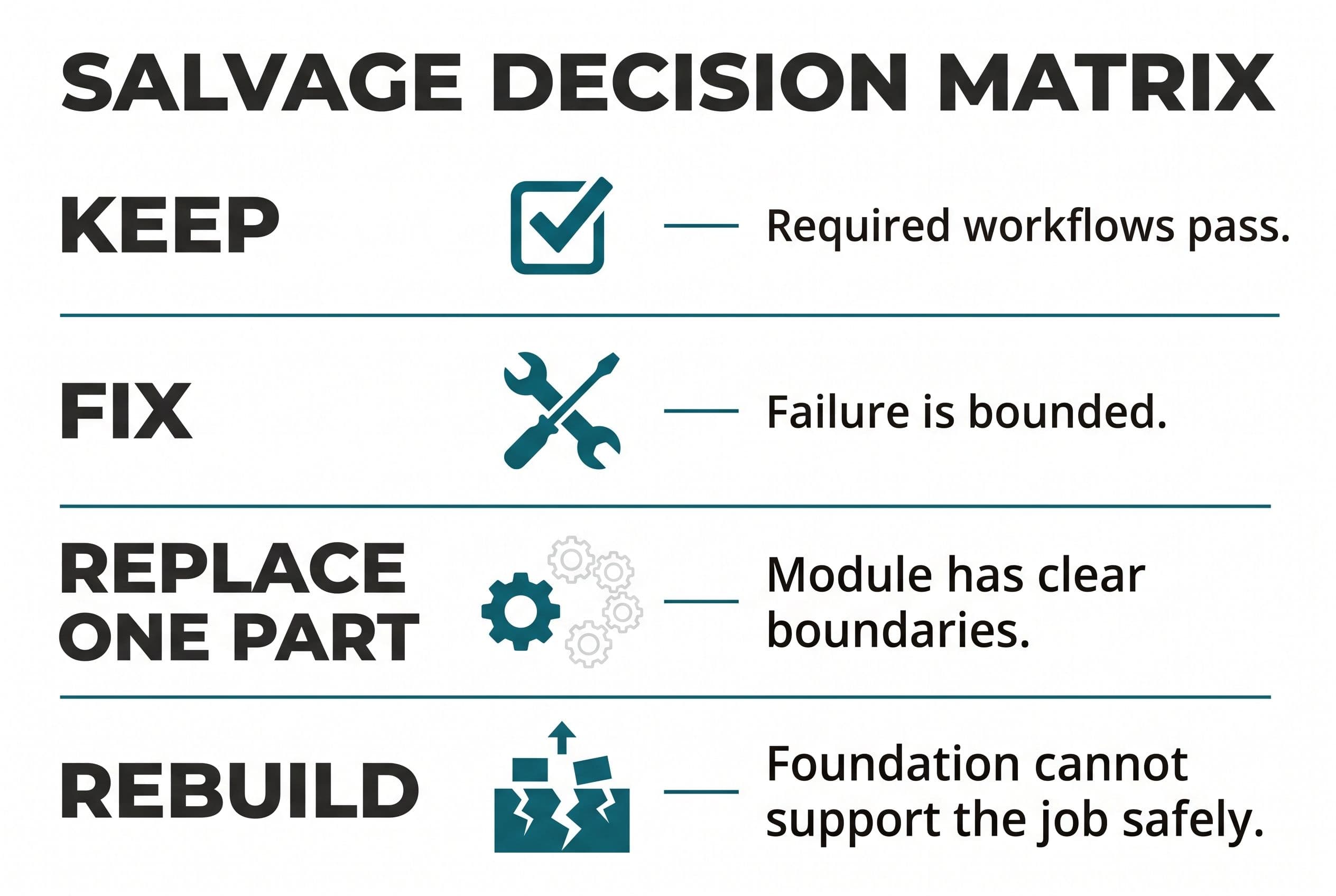 Show a four-row salvage decision matrix with the row labels Keep, Fix, Replace One Part, and Rebuild