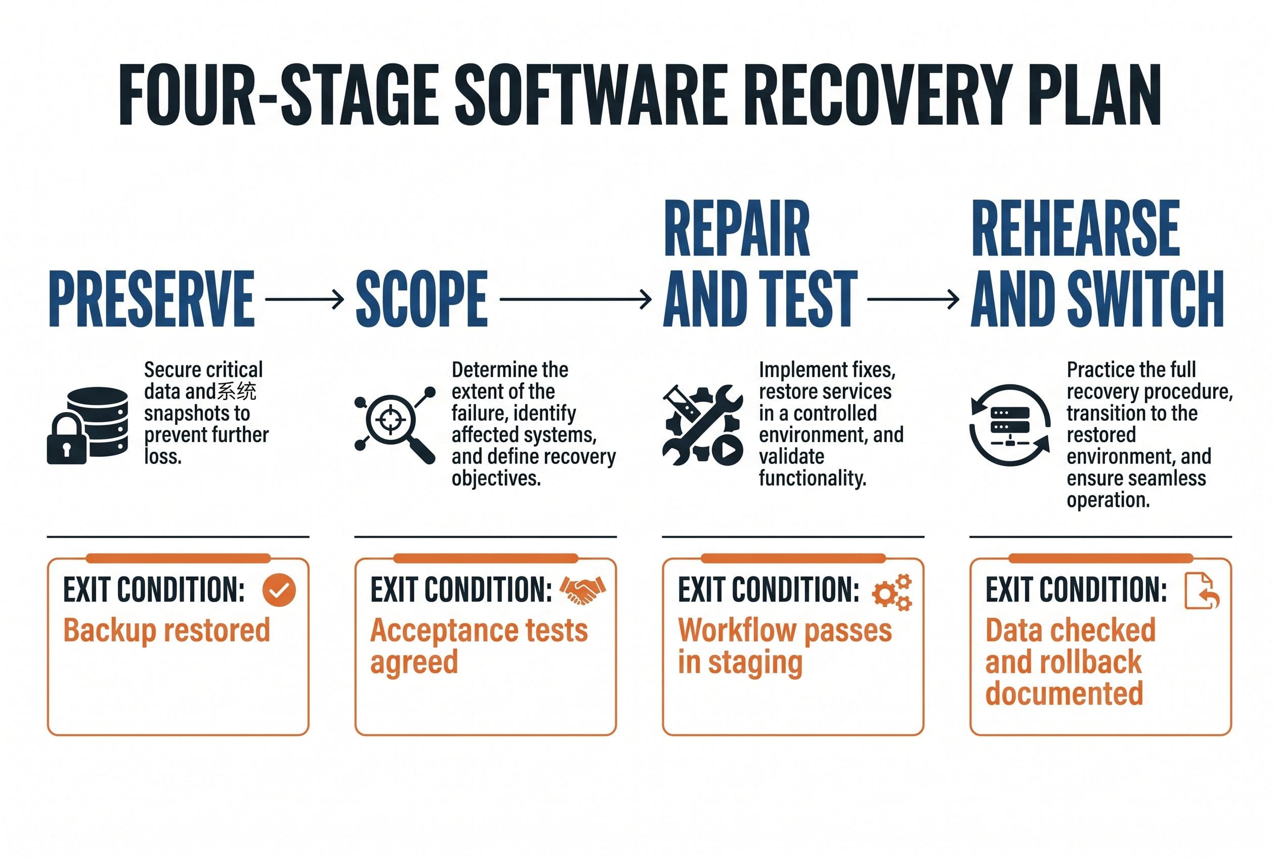 Show a horizontal four-stage software recovery plan labeled Preserve, Scope, Repair and Test, and Rehearse and Switch