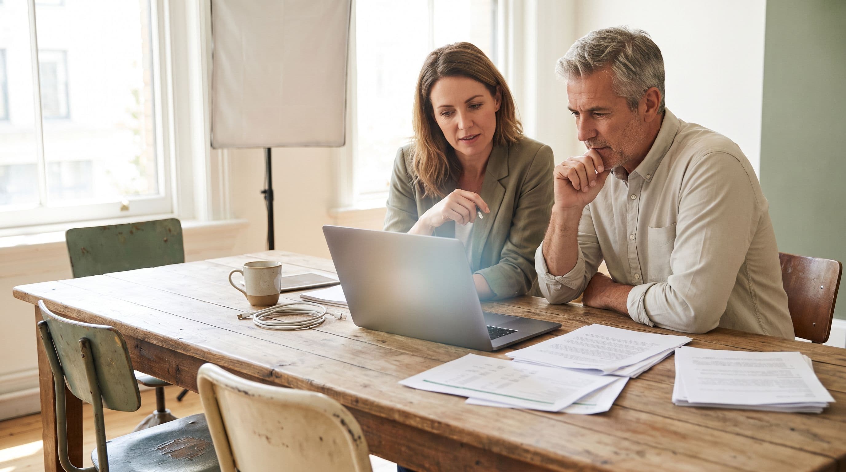 A small-business owner in her forties and an operations manager in his fifties review a laptop and a spread of project