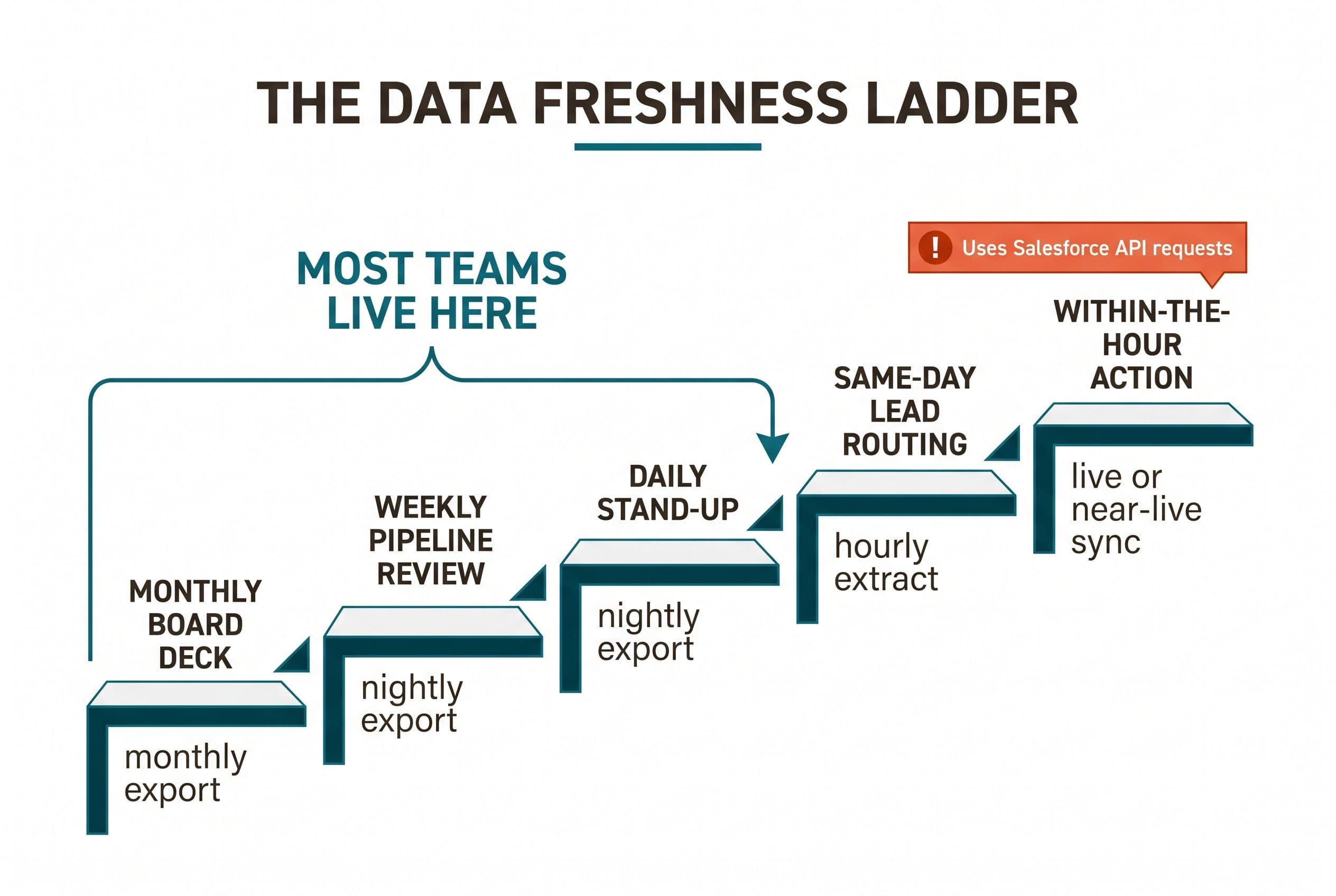 A horizontal 'data freshness ladder' on a clean white background with a single teal accent color