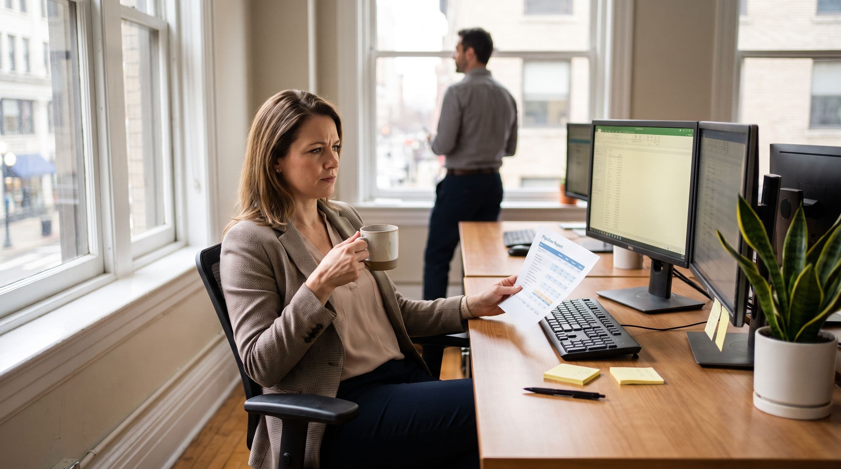 A sales operations manager in her forties sits at a bright two-monitor desk in a mid-sized office