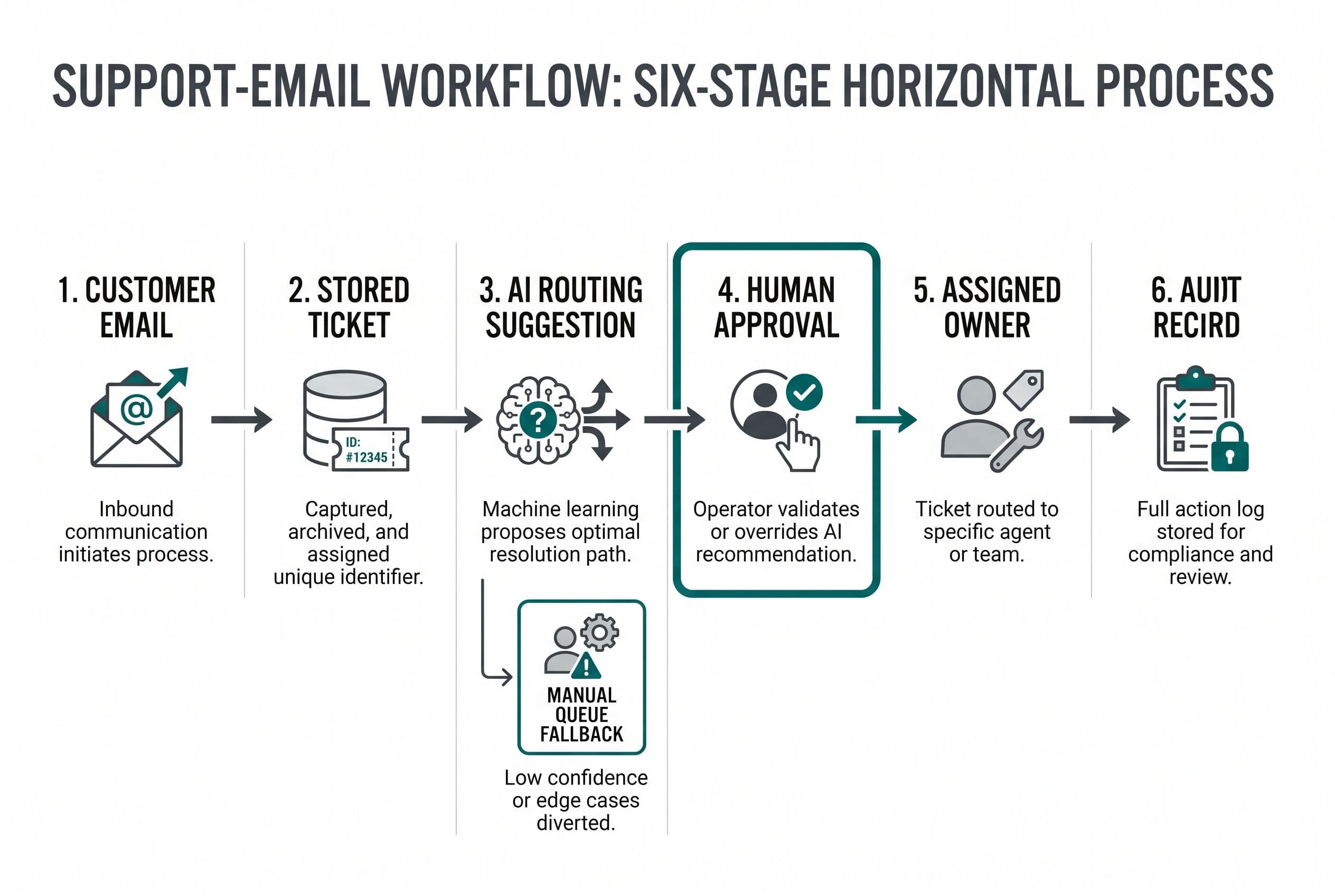 Show a horizontal support-email workflow with six labeled stages: Customer email, Stored ticket, AI routing suggestion