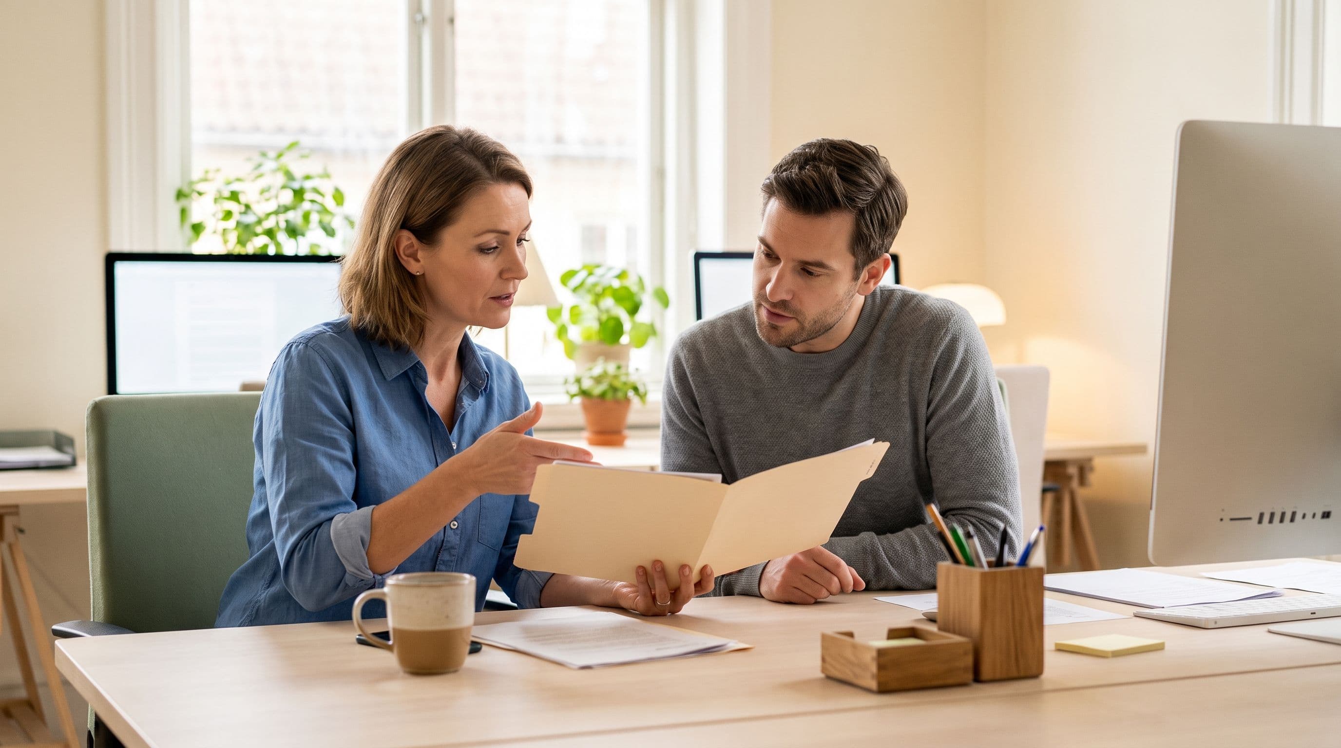 A small-business support manager in her forties and an operations colleague review a customer issue at a tidy shared office