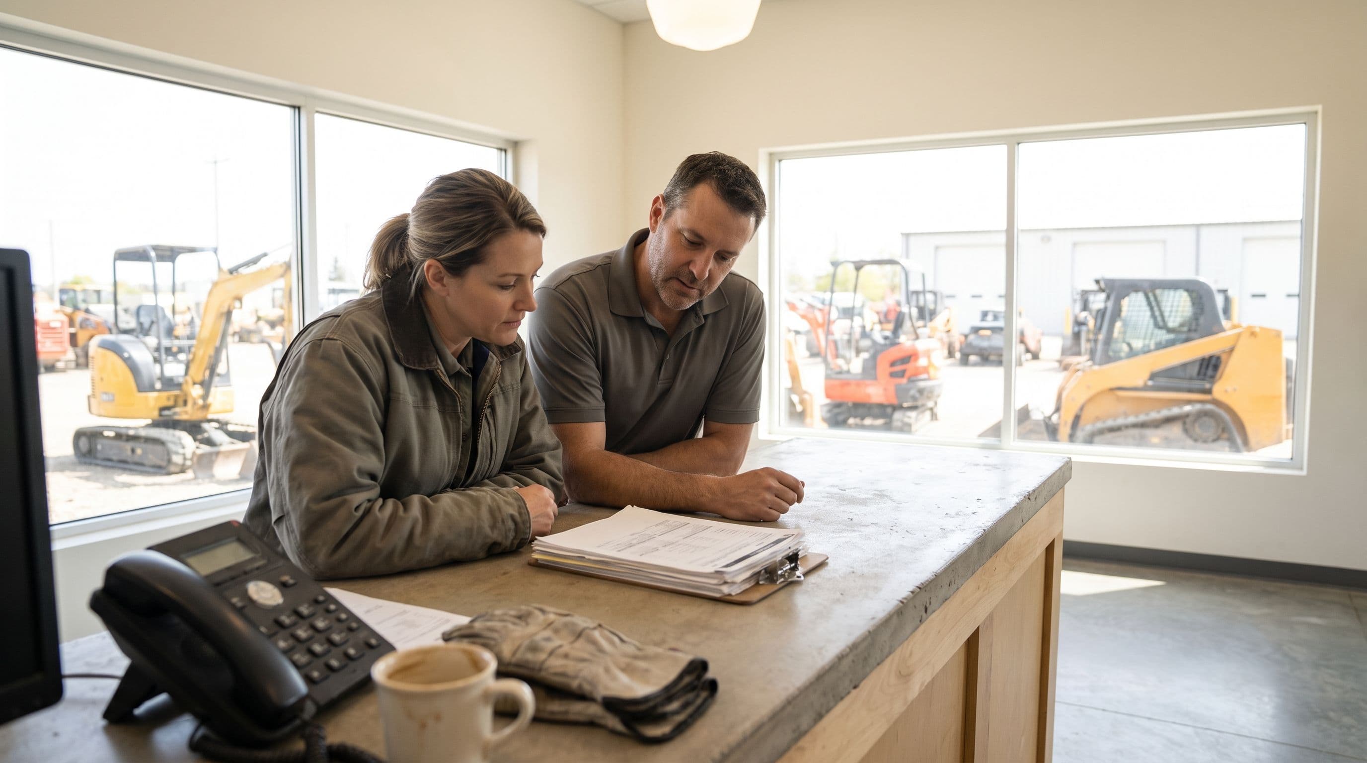 An equipment rental branch manager in her forties and a counter employee review paperwork beside a bright service counter